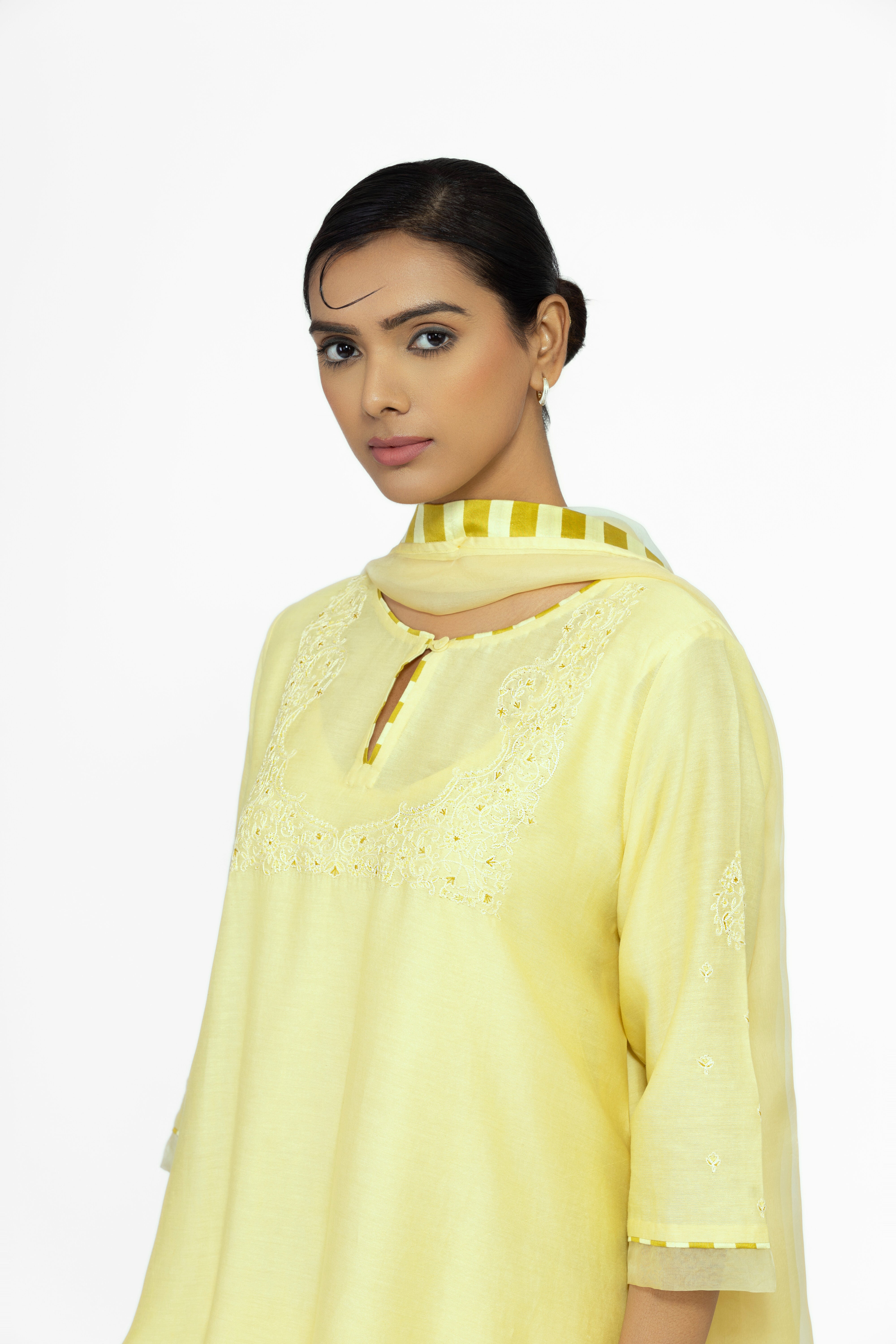 LEMON YELLOW - ROUND NECK - CHANDERI SILK  A-LINE KURTA SET