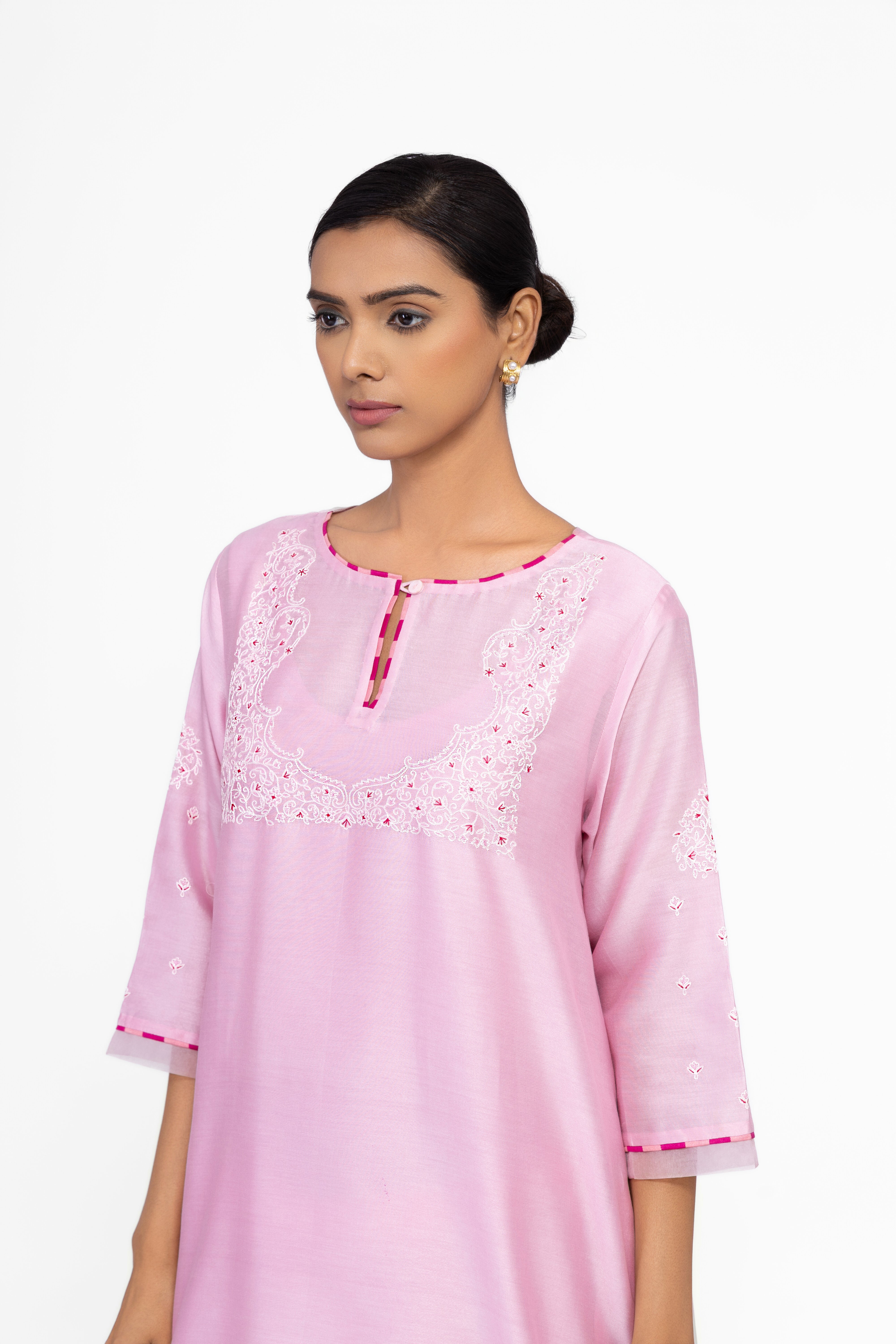 ROSE PETAL - ROUND NECK - CHANDERI SILK  A-LINE KURTA SET