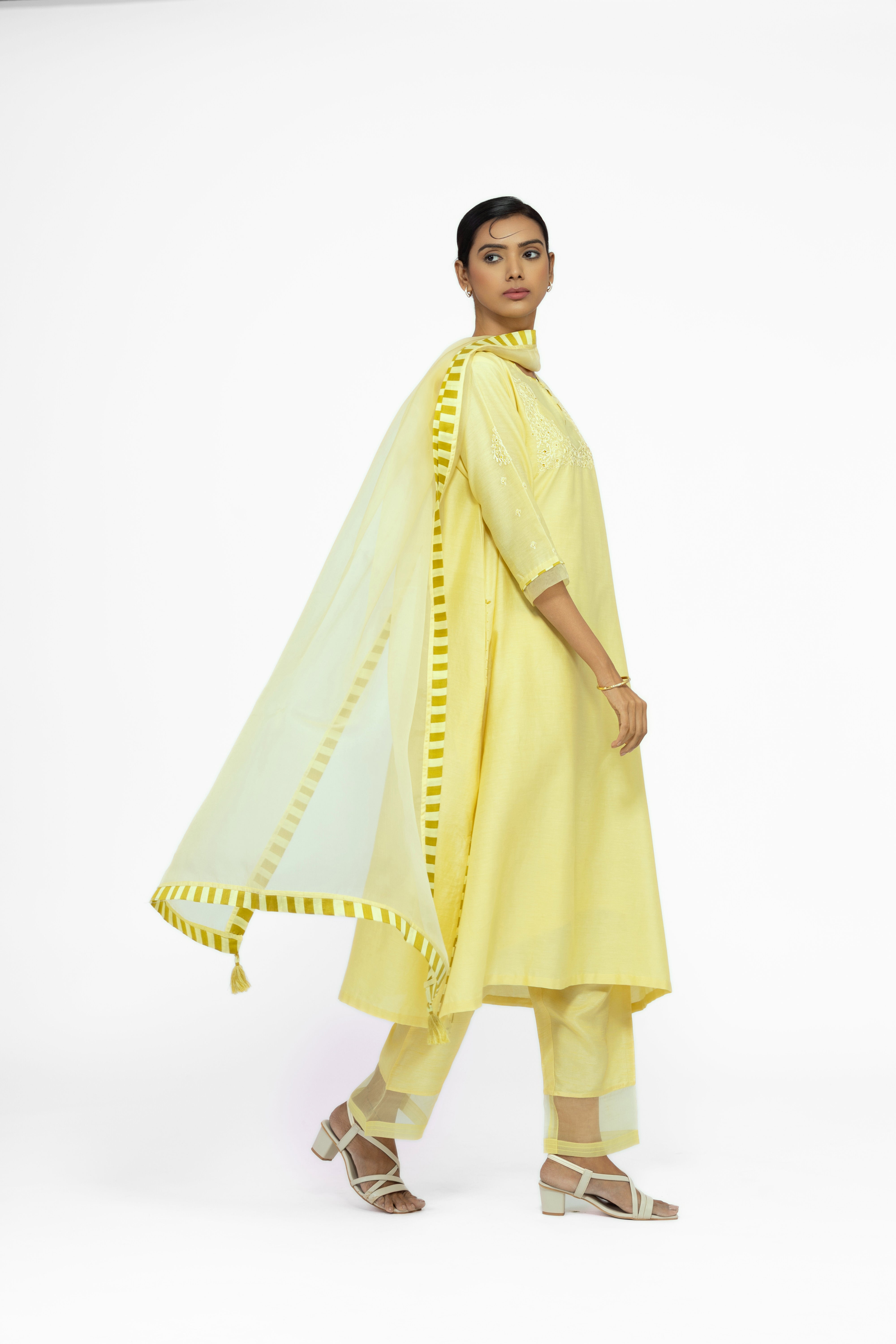 LEMON YELLOW - ROUND NECK - CHANDERI SILK  A-LINE KURTA SET