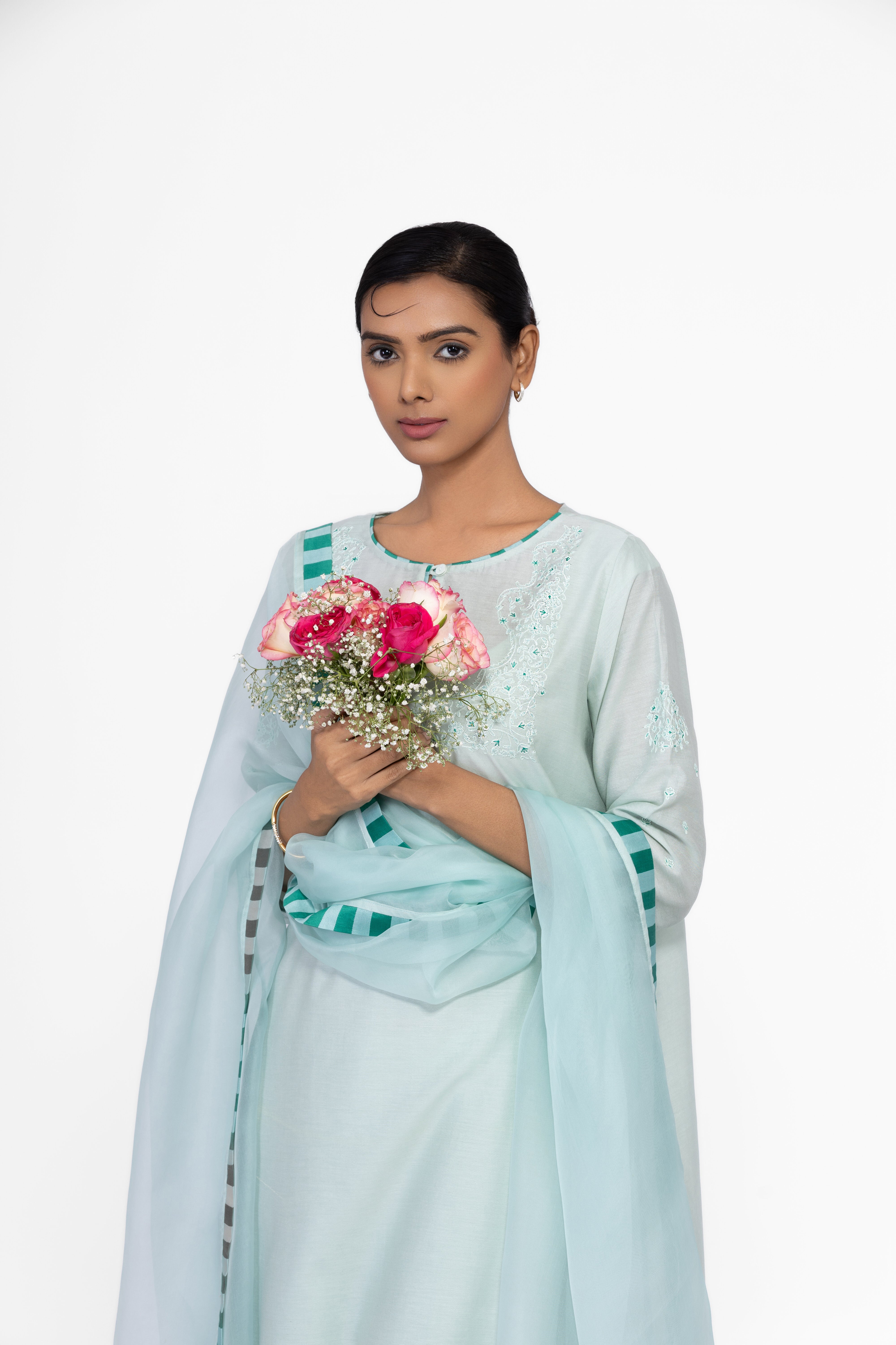 JADE GREEN - ROUND NECK - CHANDERI SILK  A-LINE KURTA SET