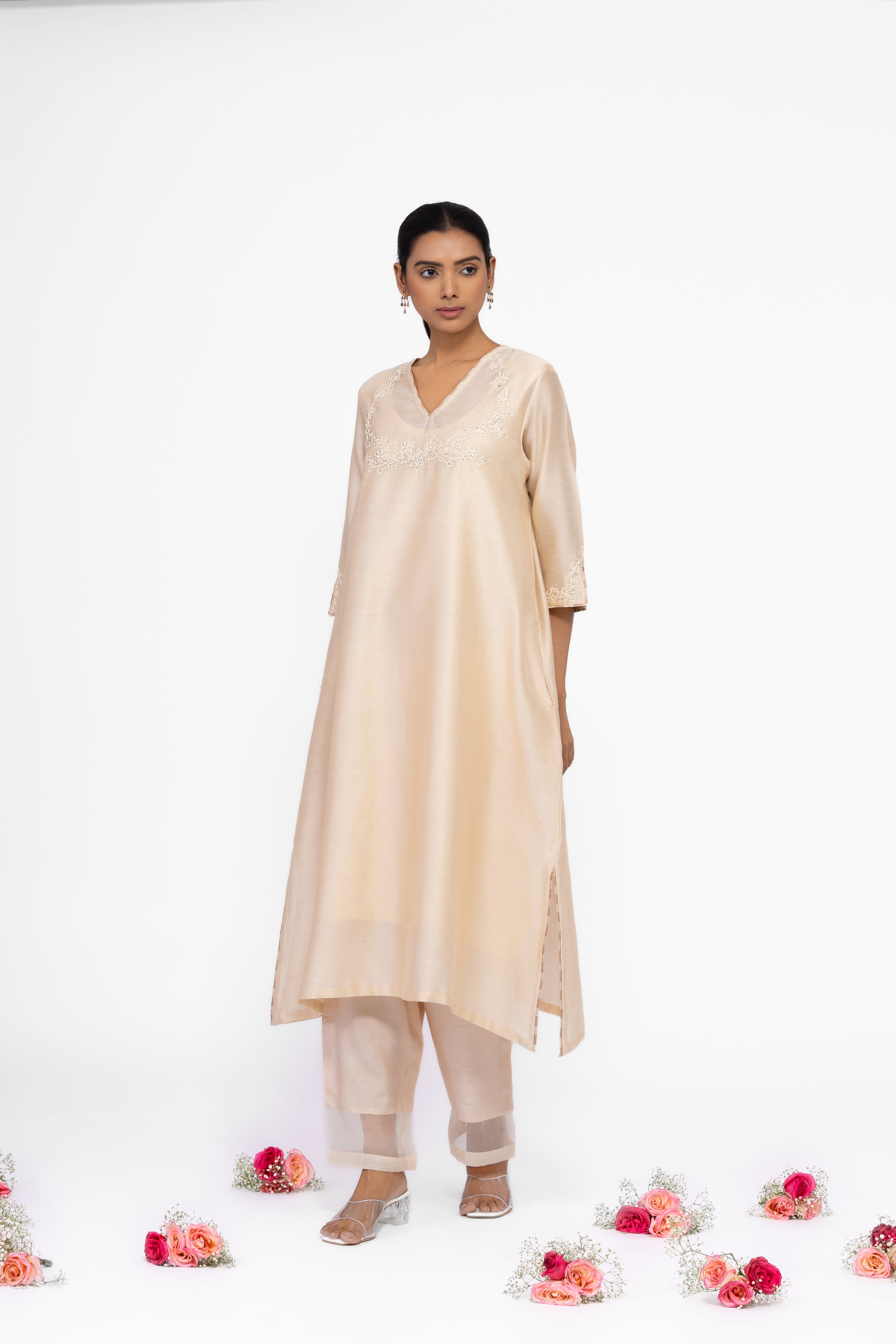 SOFT BEIGE - V NECK - CHANDERI SILK  A-LINE KURTA SET