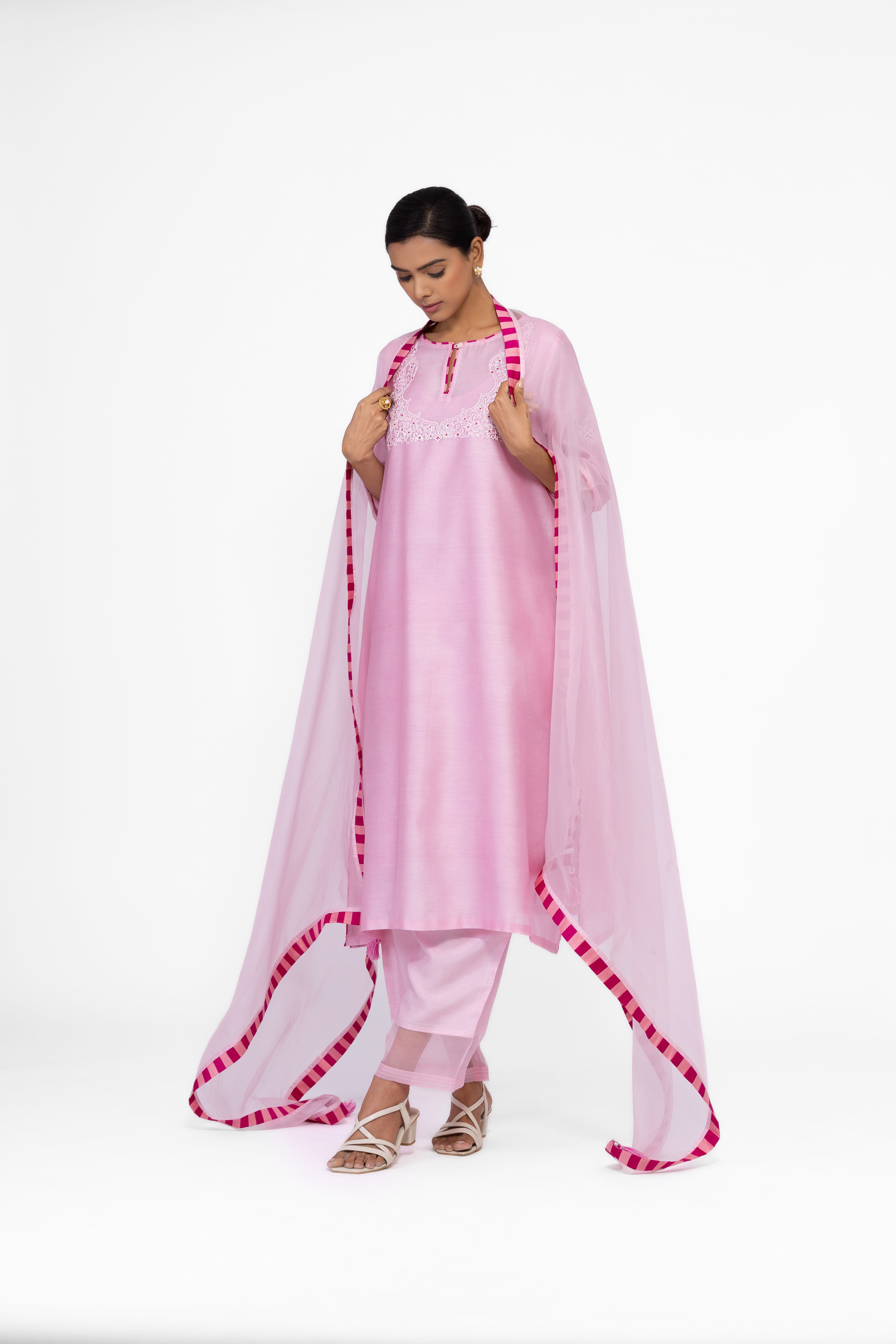 ROSE PETAL - ROUND NECK - CHANDERI SILK  A-LINE KURTA SET