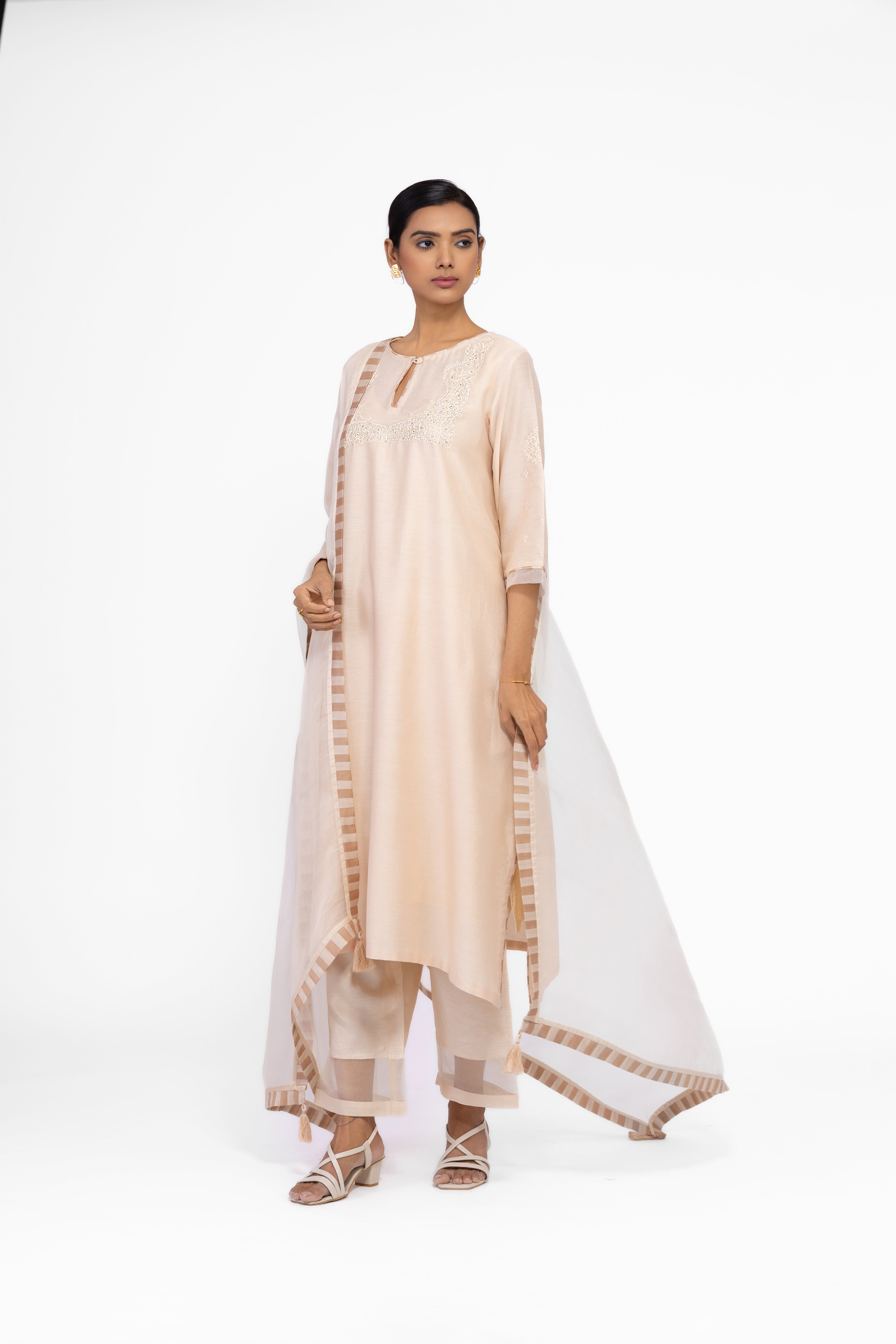 SOFT BEIGE - ROUND NECK - CHANDERI SILK  A-LINE KURTA SET