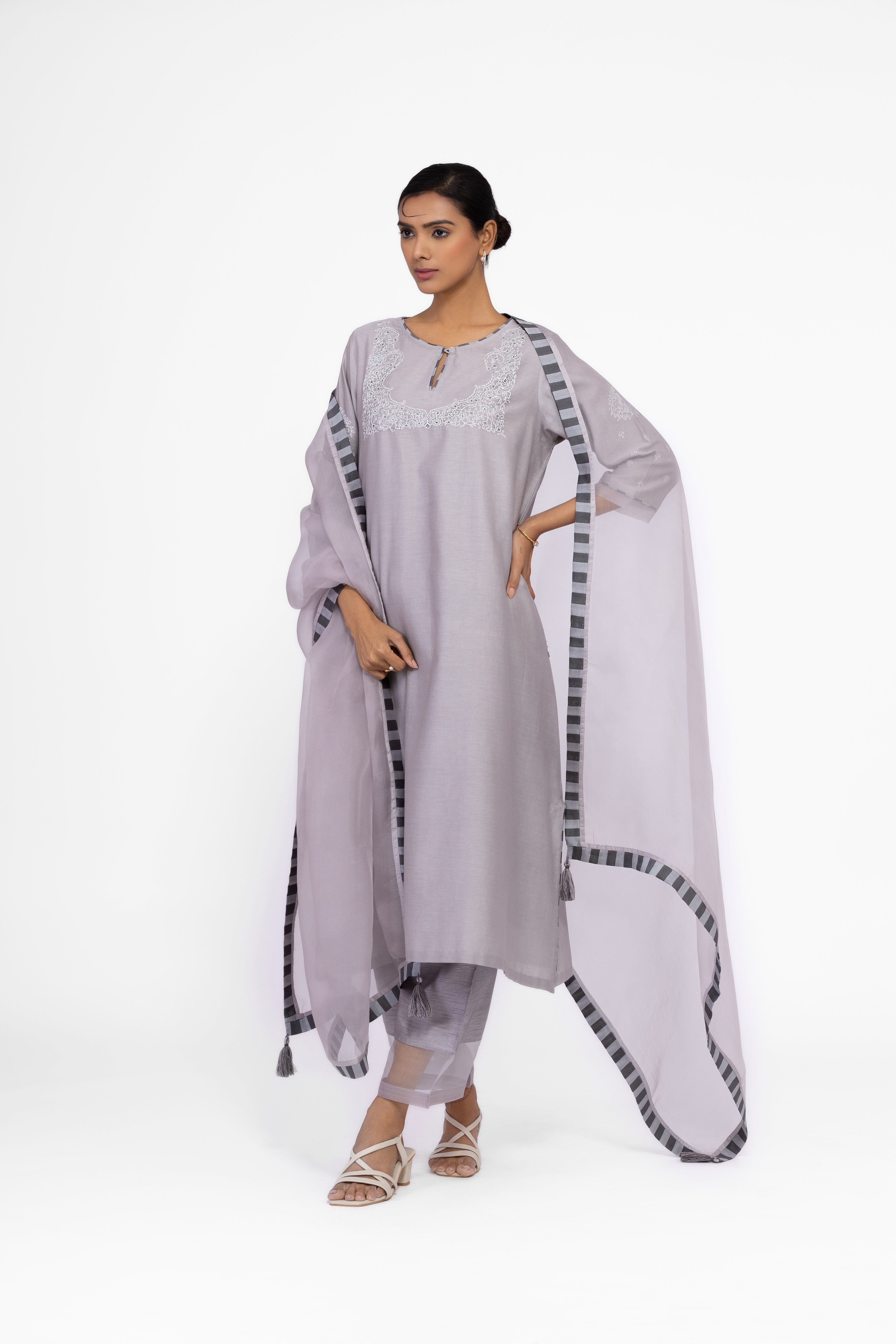 SILVER GREY - ROUND NECK - CHANDERI SILK  A-LINE KURTA SET