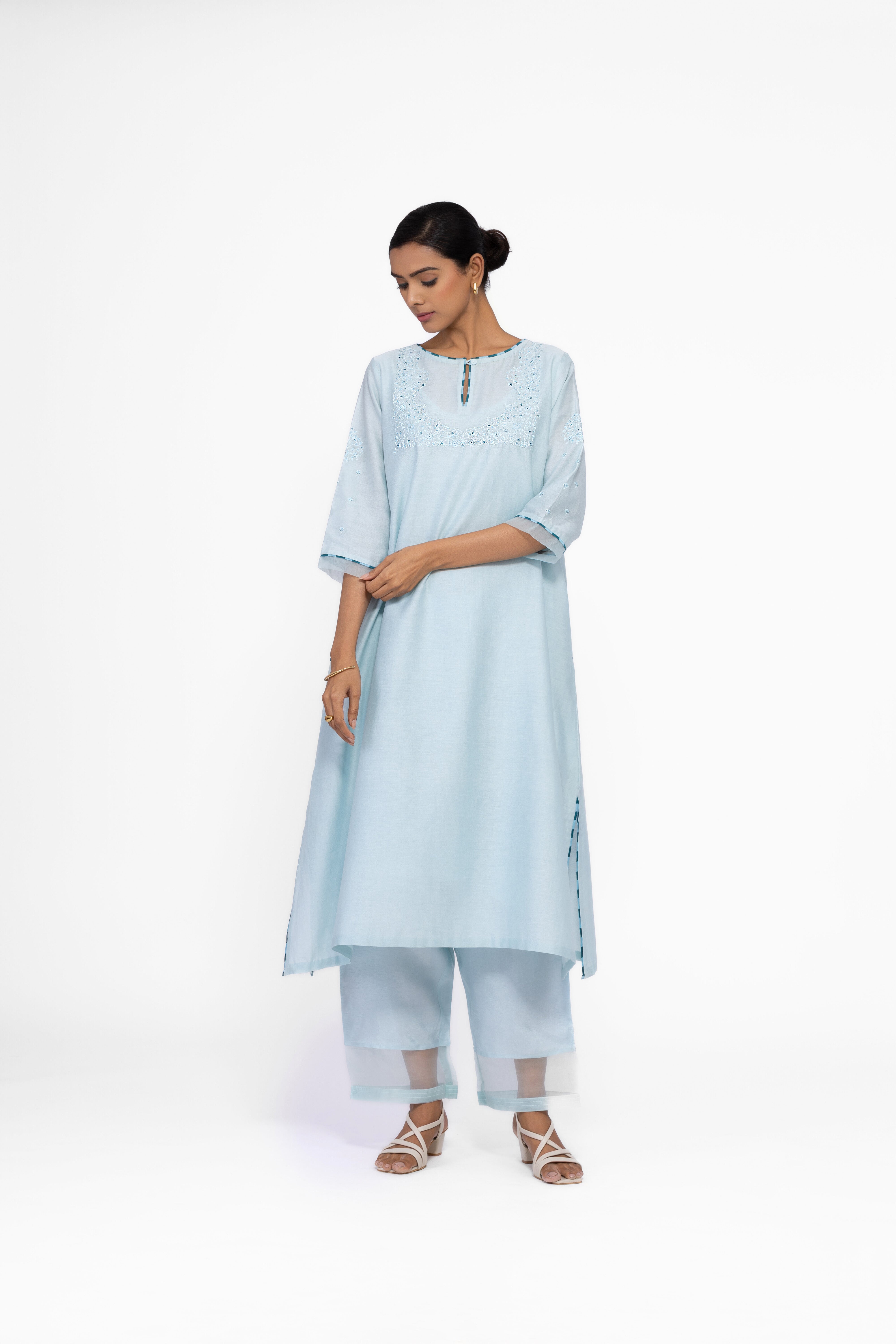 ICE BLUE - ROUND NECK - CHANDERI SILK  A-LINE KURTA SET