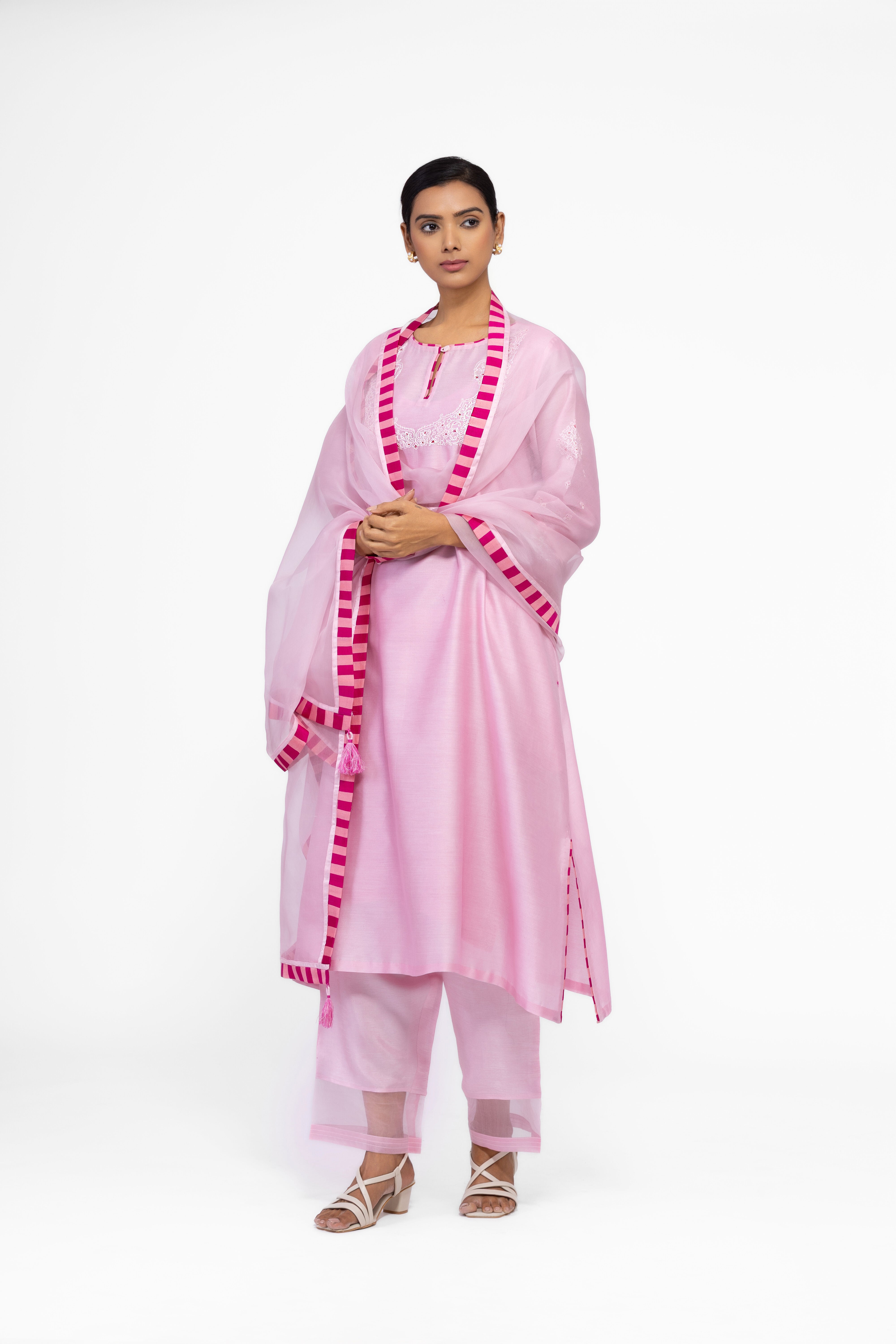 ROSE PETAL - ROUND NECK - CHANDERI SILK  A-LINE KURTA SET