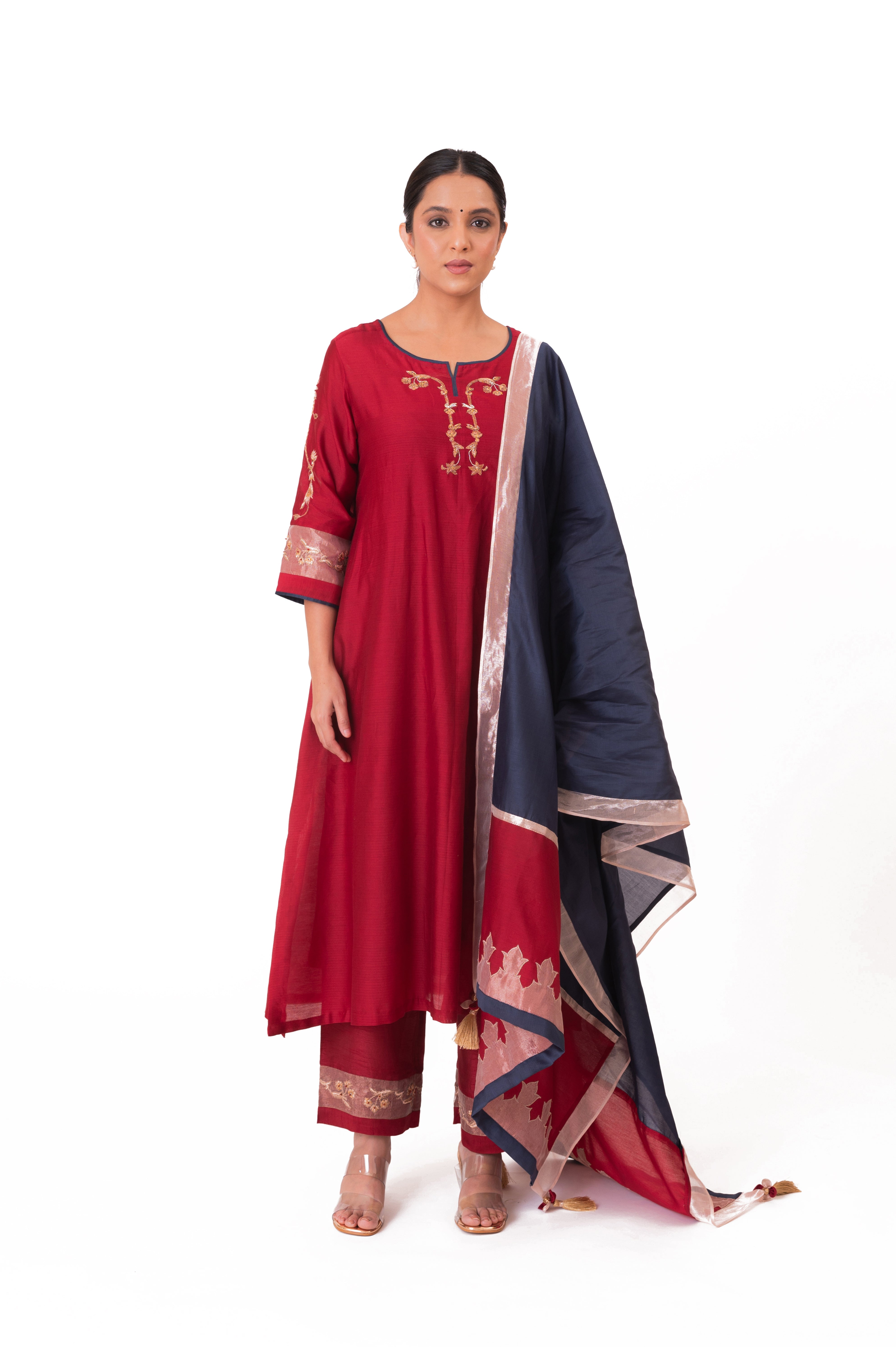 LILA - Crimson Red - Tissue Patch work Dupatta Kurta Set