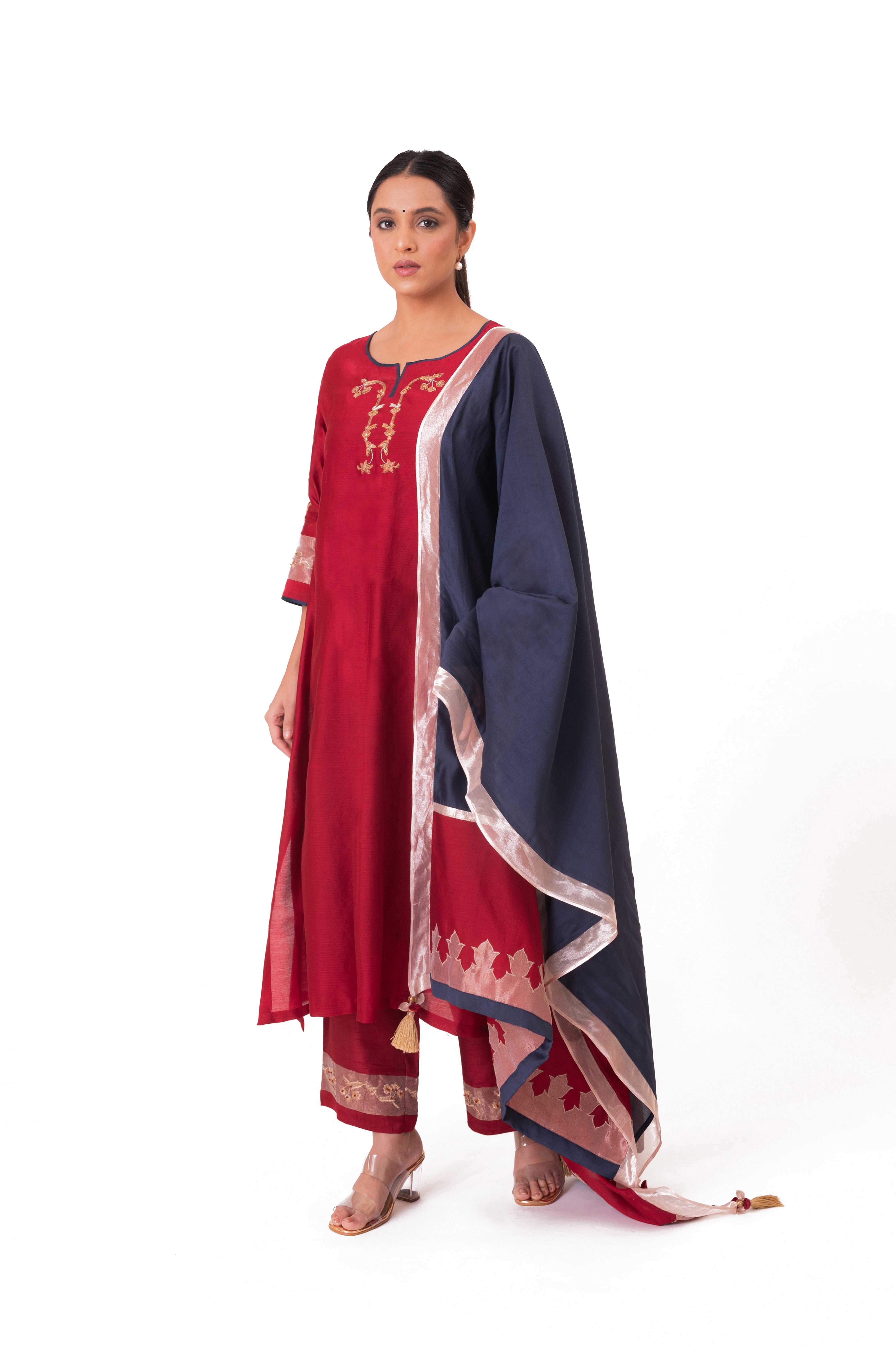 LILA - Crimson Red - Tissue Patch work Dupatta Kurta Set