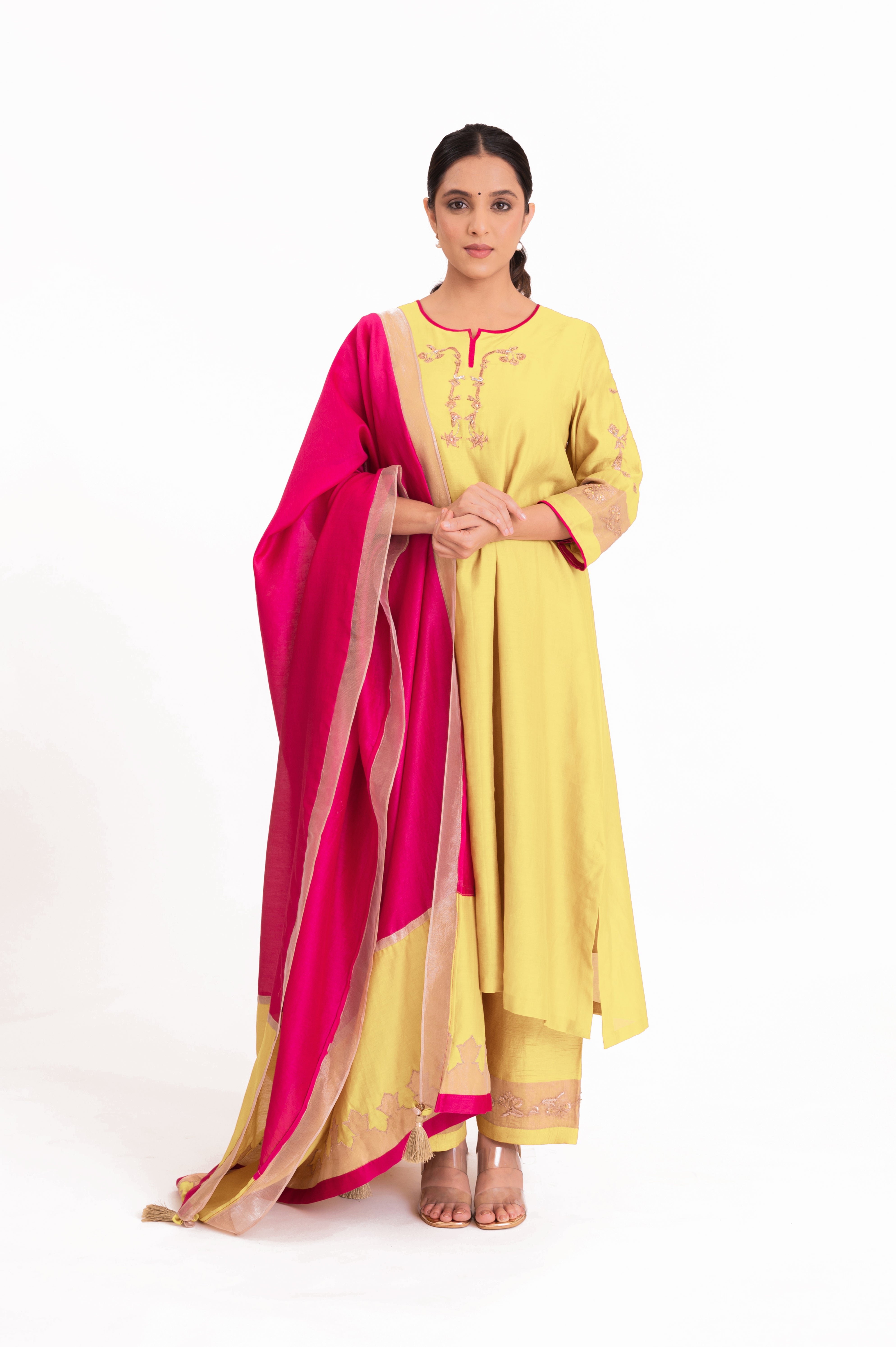 LILA - Pastel Yellow - Tissue Patch work Dupatta Kurta Set