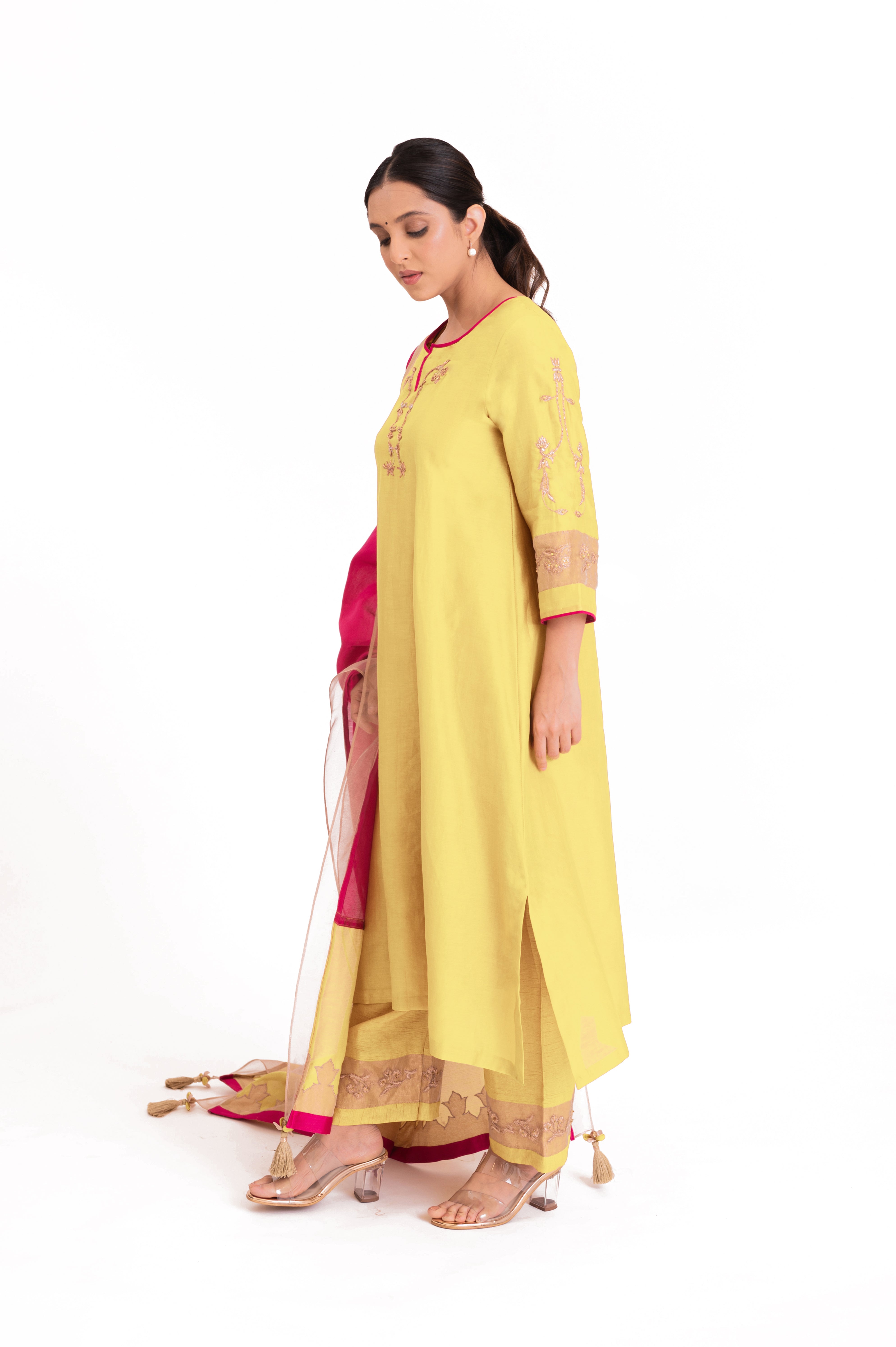 LILA - Pastel Yellow - Tissue Patch work Dupatta Kurta Set