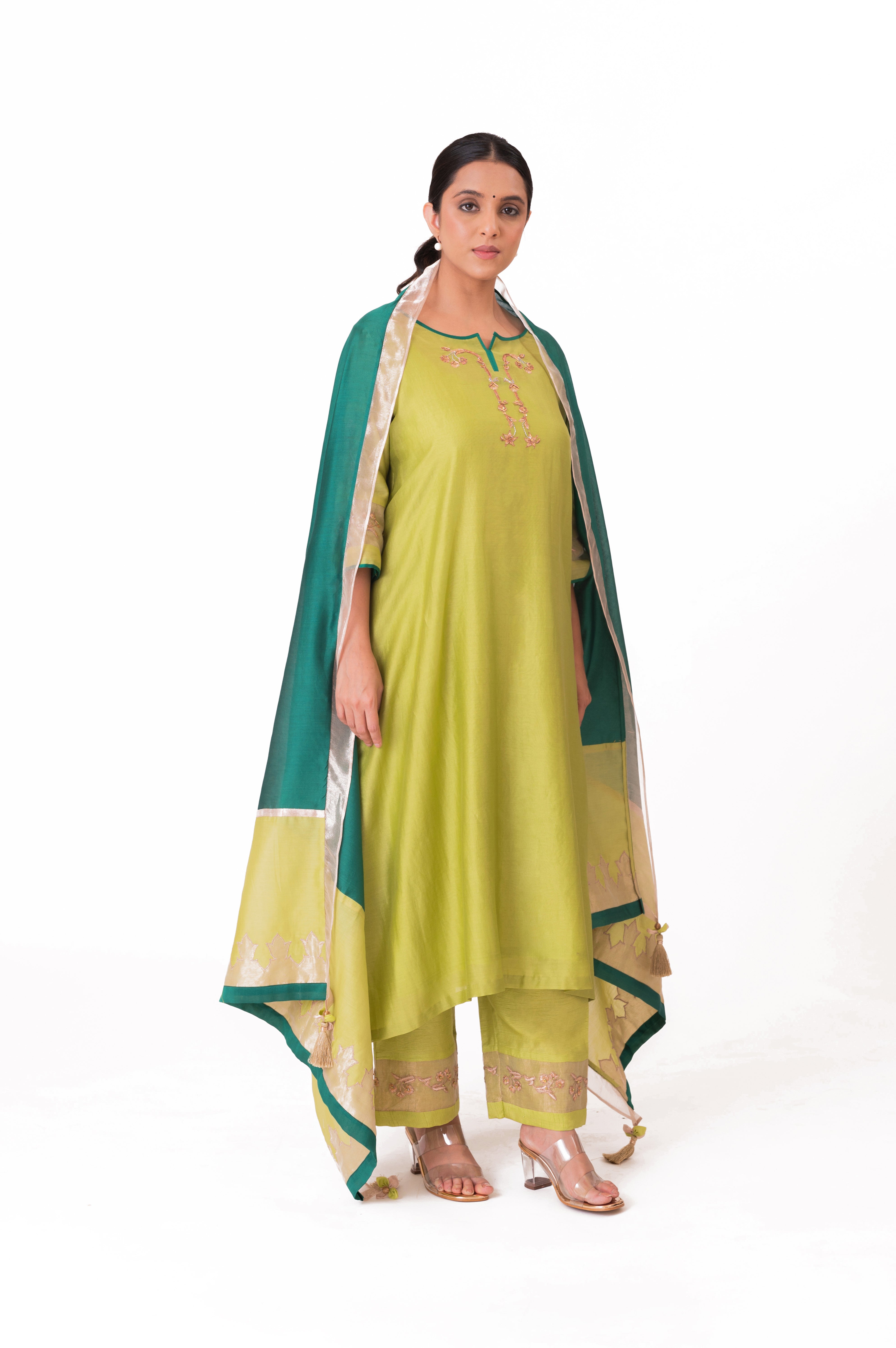 LILA - Lime Green - Tissue Patch work Dupatta Kurta Set