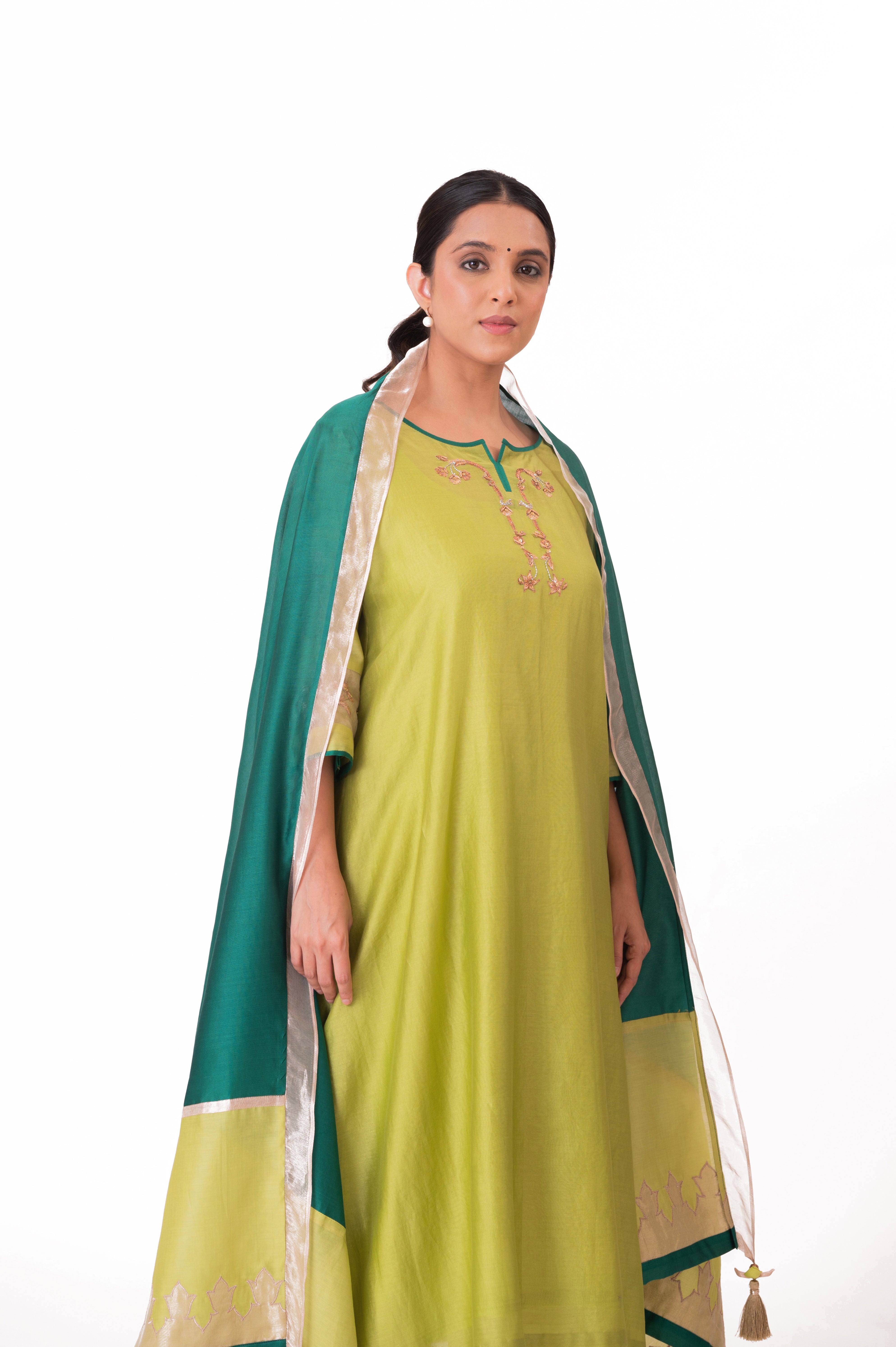 LILA - Lime Green - Tissue Patch work Dupatta Kurta Set