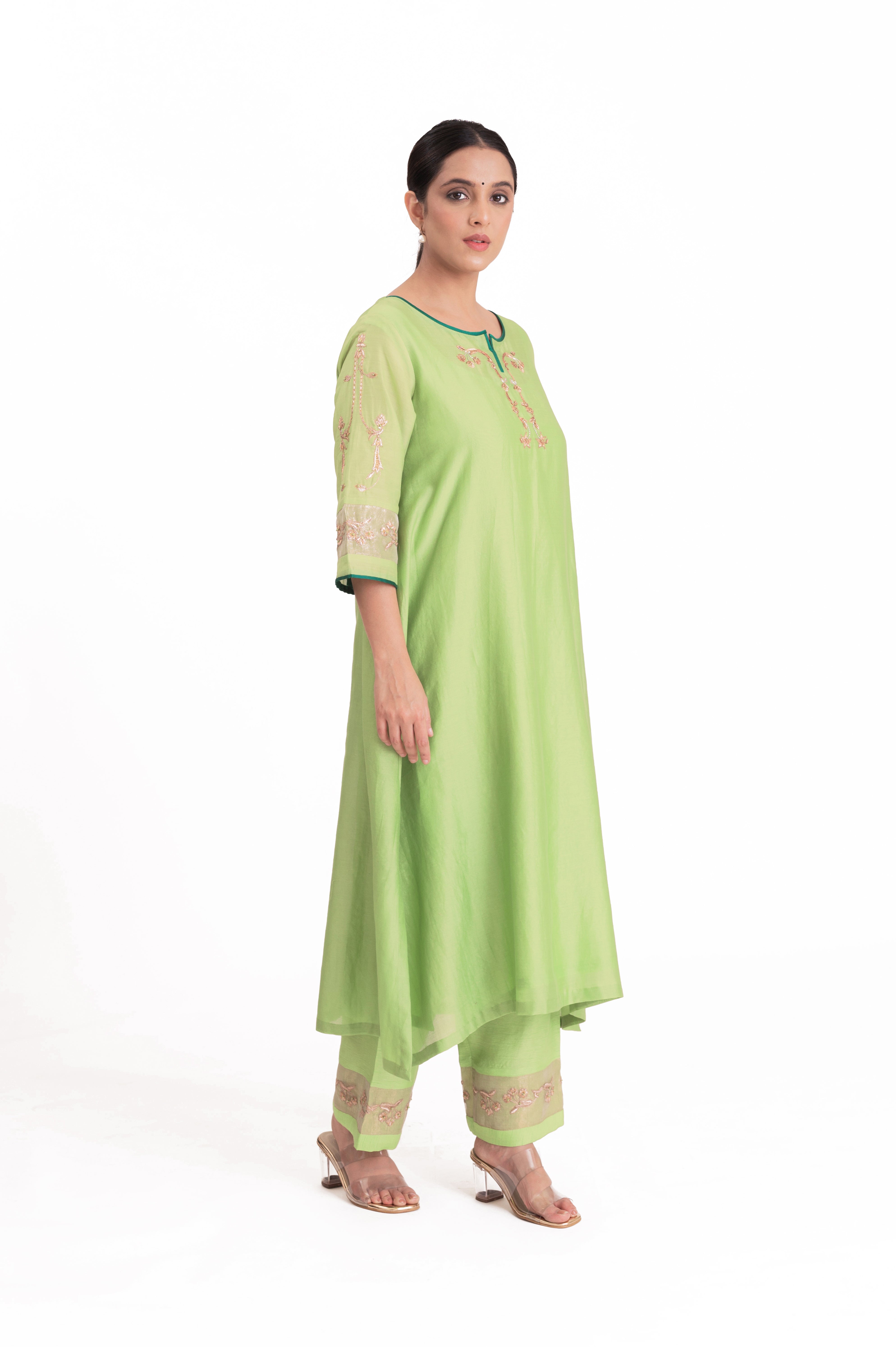 LILA - Pistachio Green - Tissue Patch work Dupatta Kurta Set