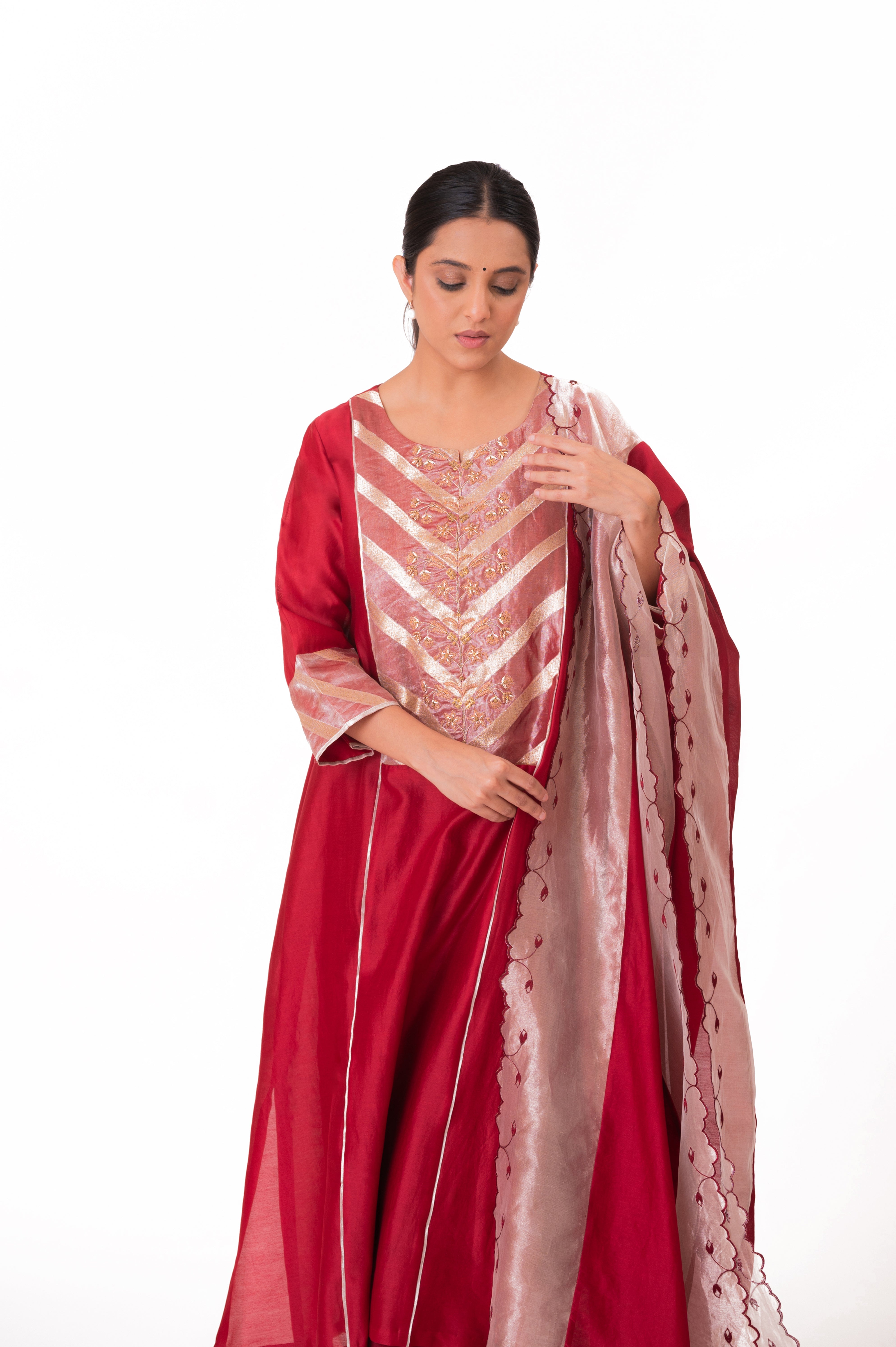 LILA - Crimson Red - Banarasi Yoke Kurta Set