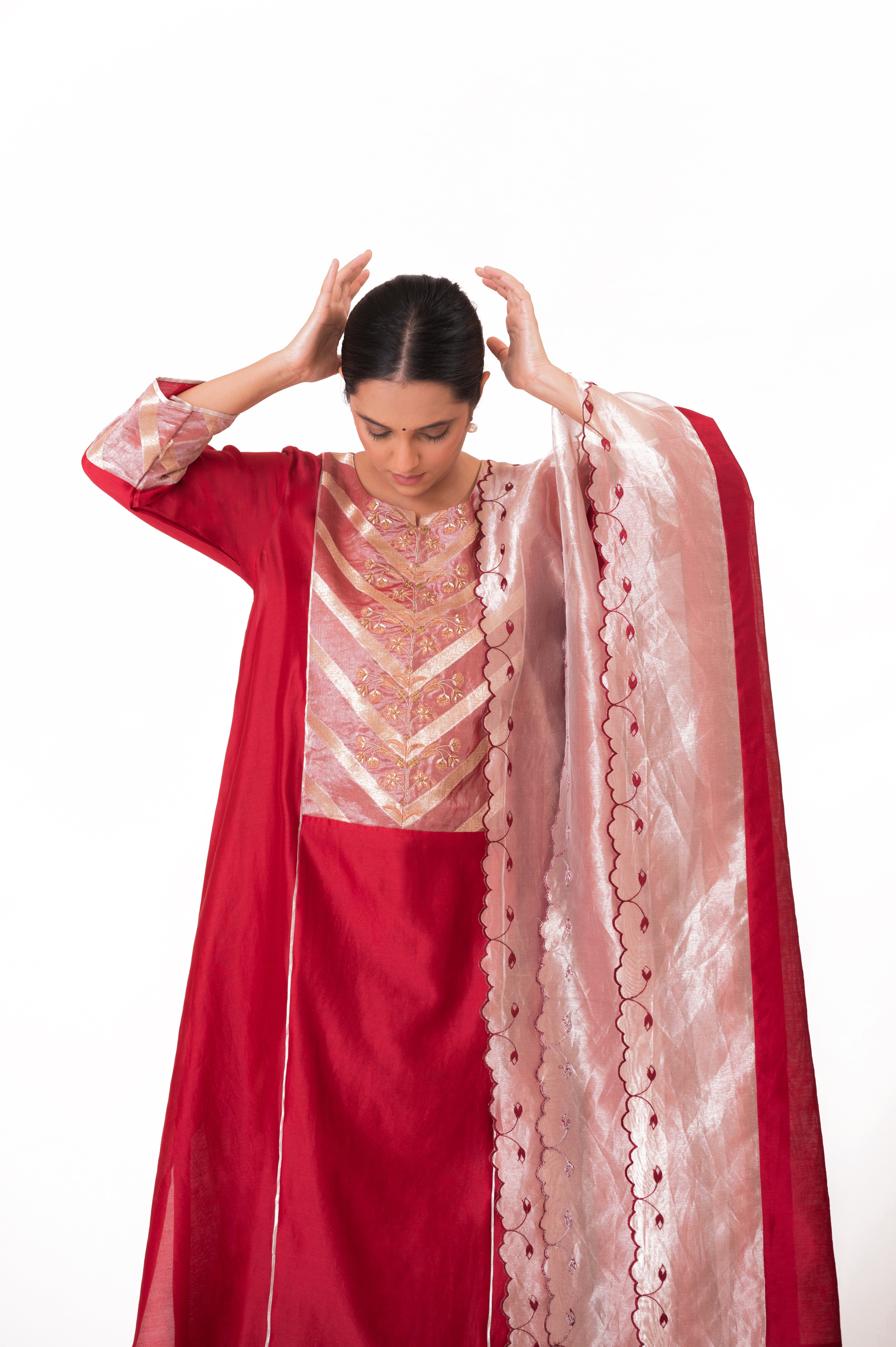 LILA - Crimson Red - Banarasi Yoke Kurta Set