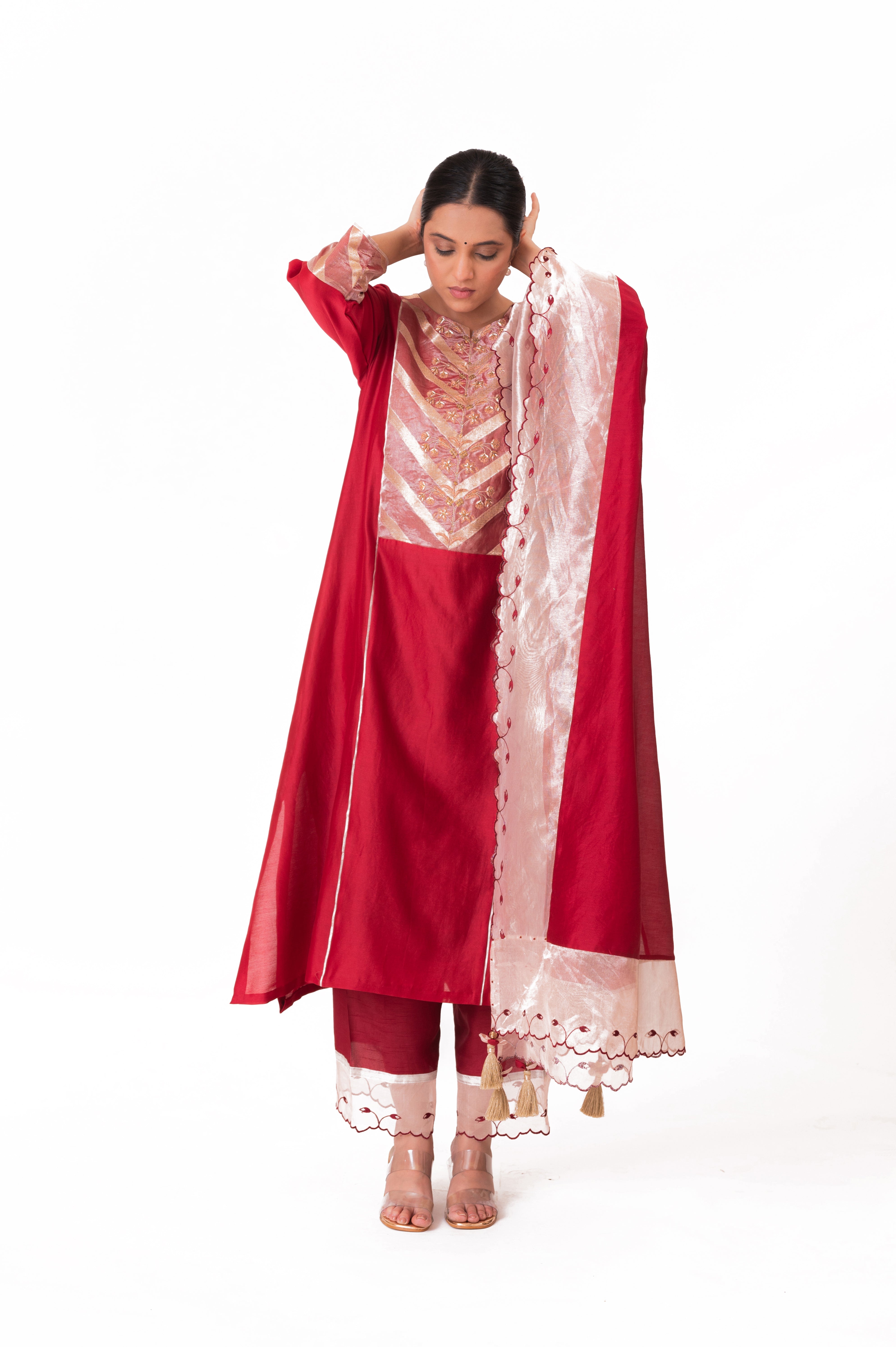 LILA - Crimson Red - Banarasi Yoke Kurta Set