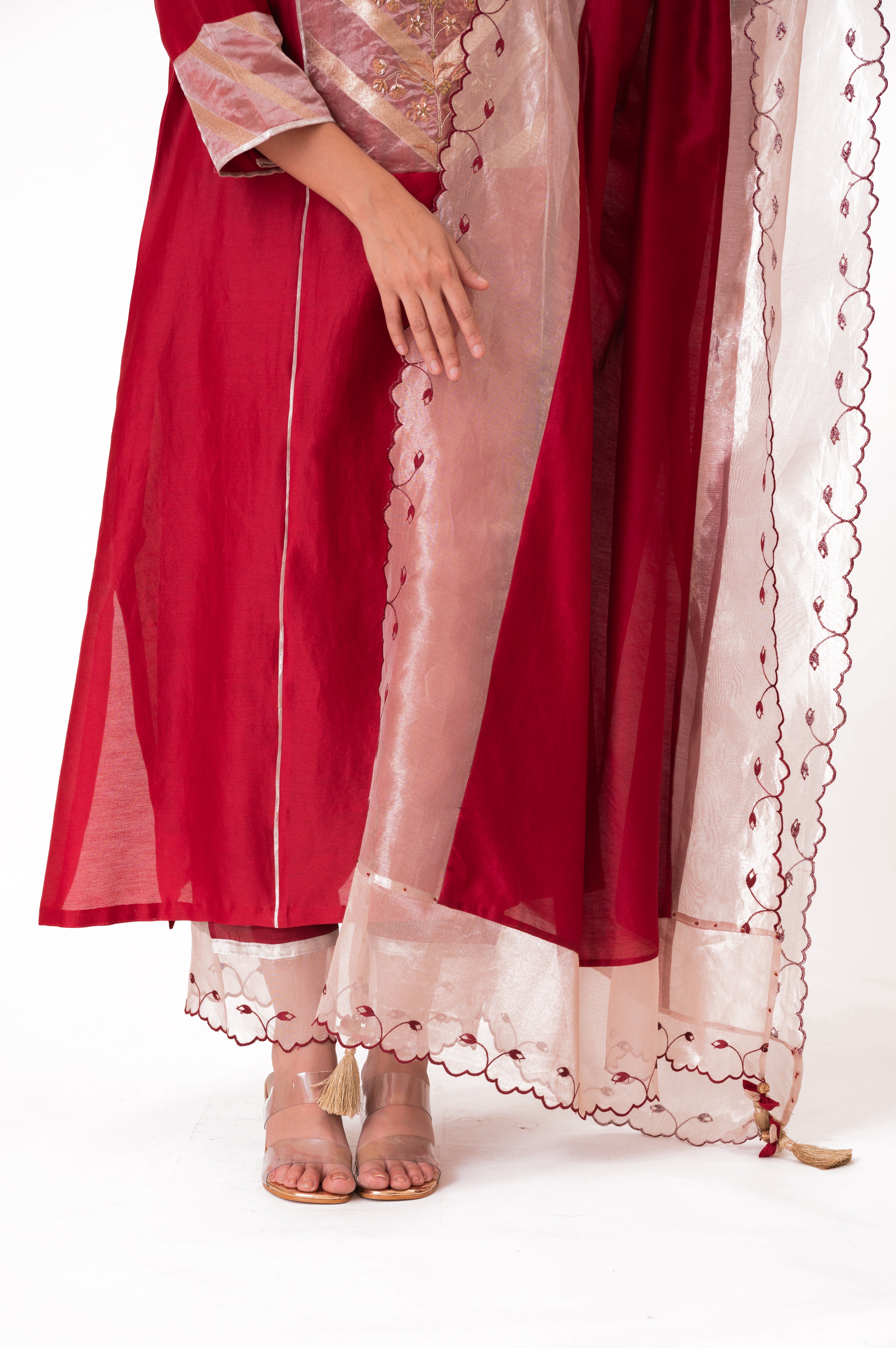 LILA - Crimson Red - Banarasi Yoke Kurta Set