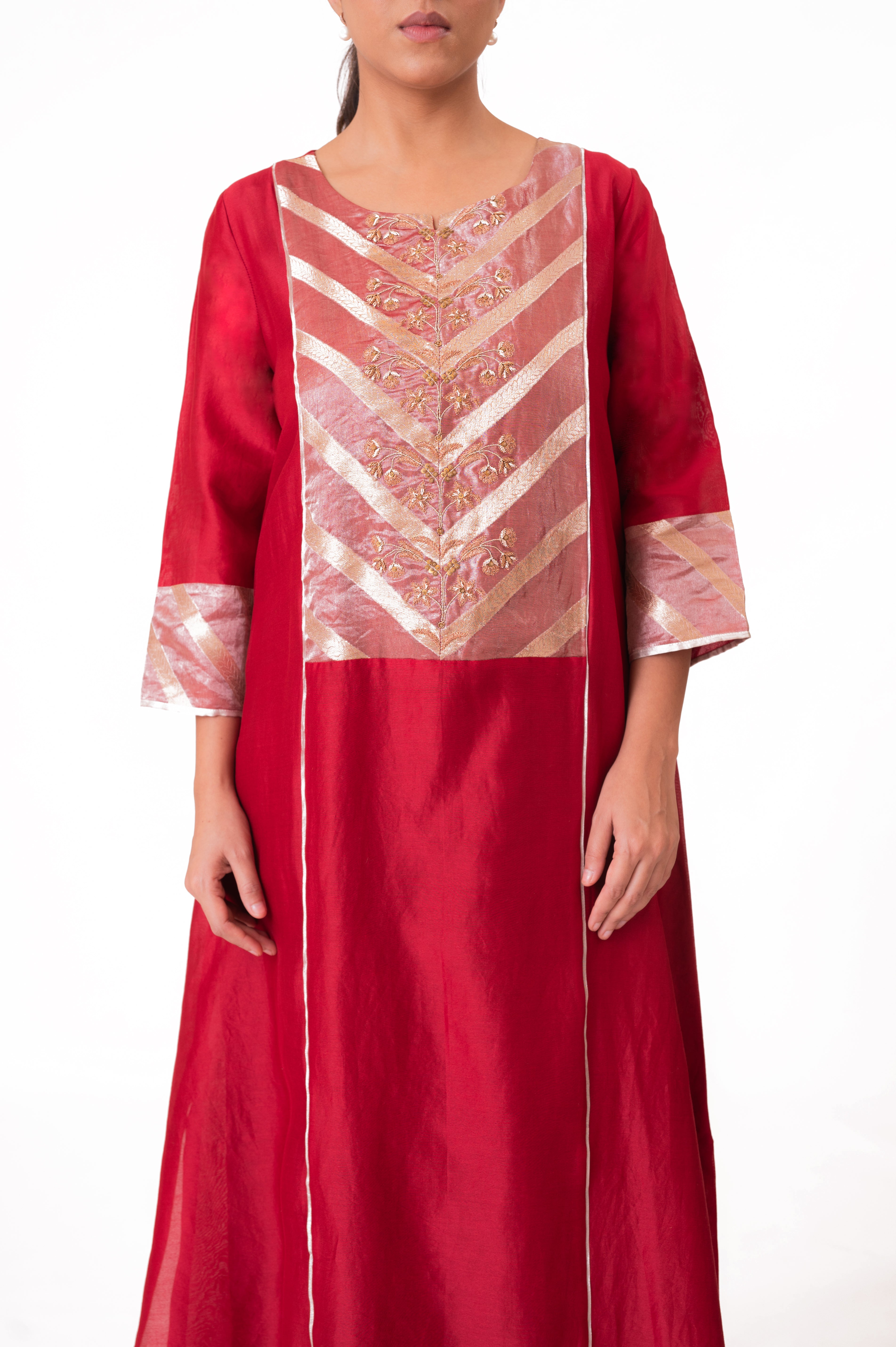 LILA - Crimson Red - Banarasi Yoke Kurta Set