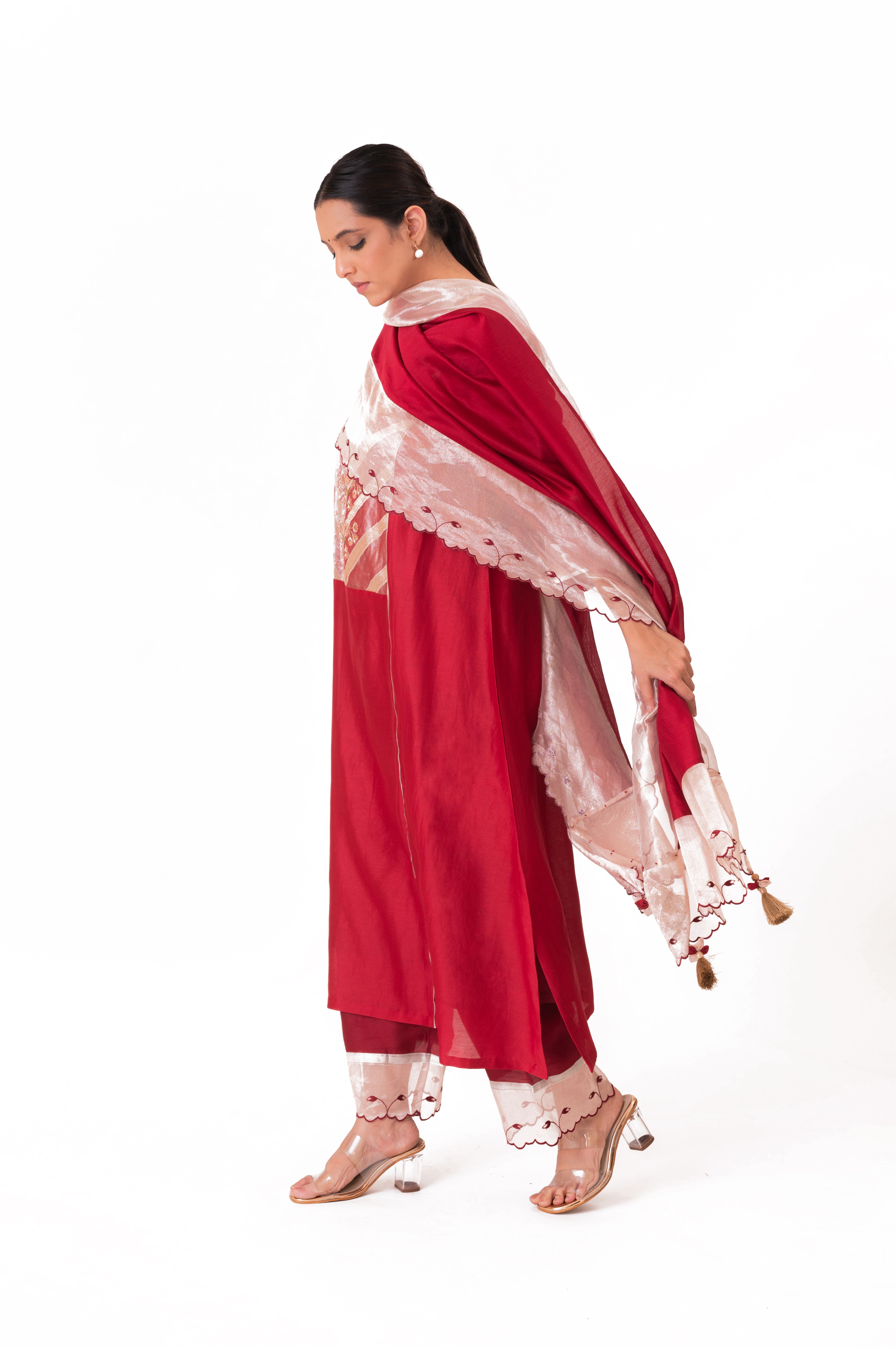 LILA - Crimson Red - Banarasi Yoke Kurta Set