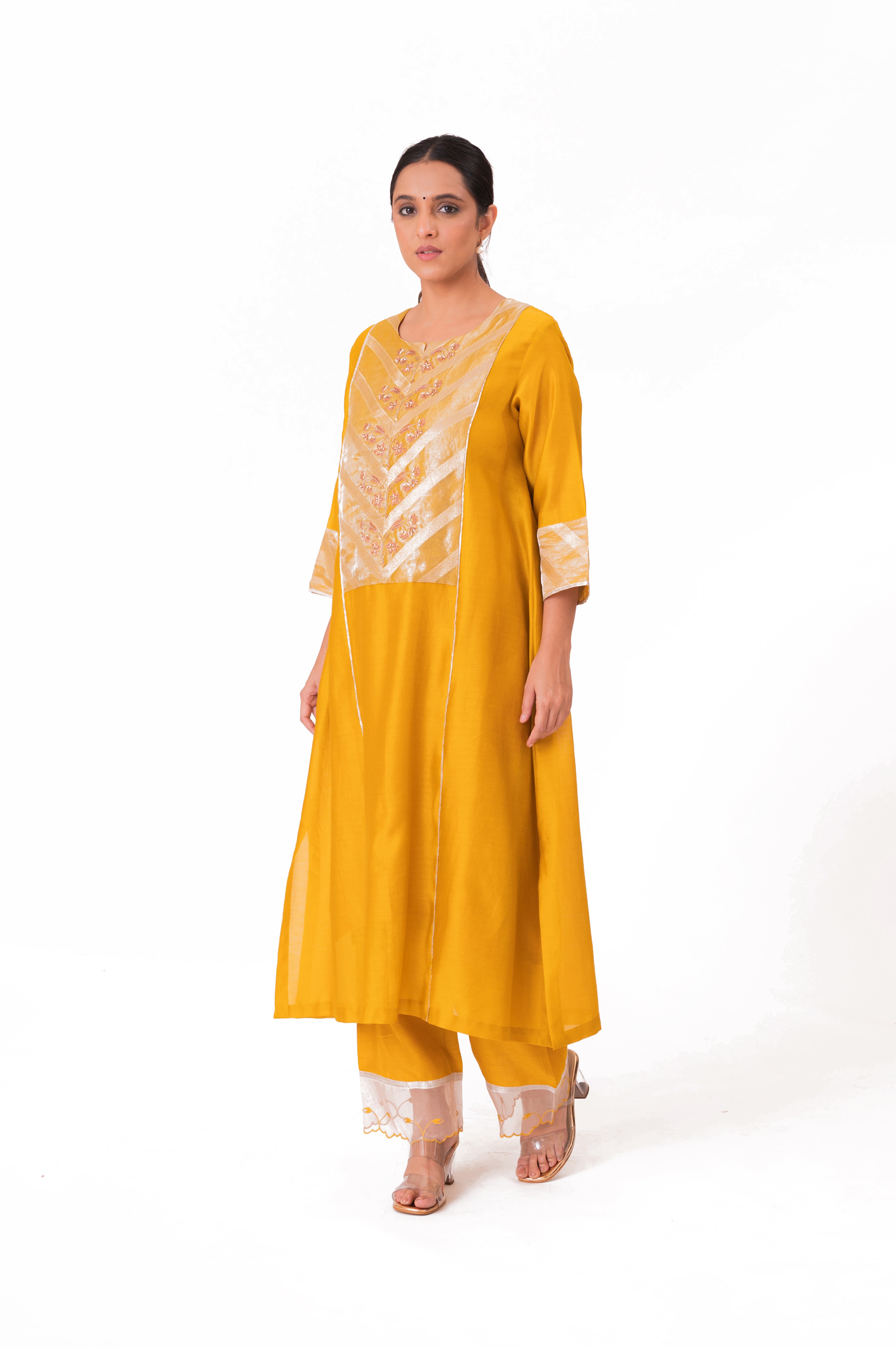 LILA - Golden Yellow - Banarasi Yoke Kurta Set