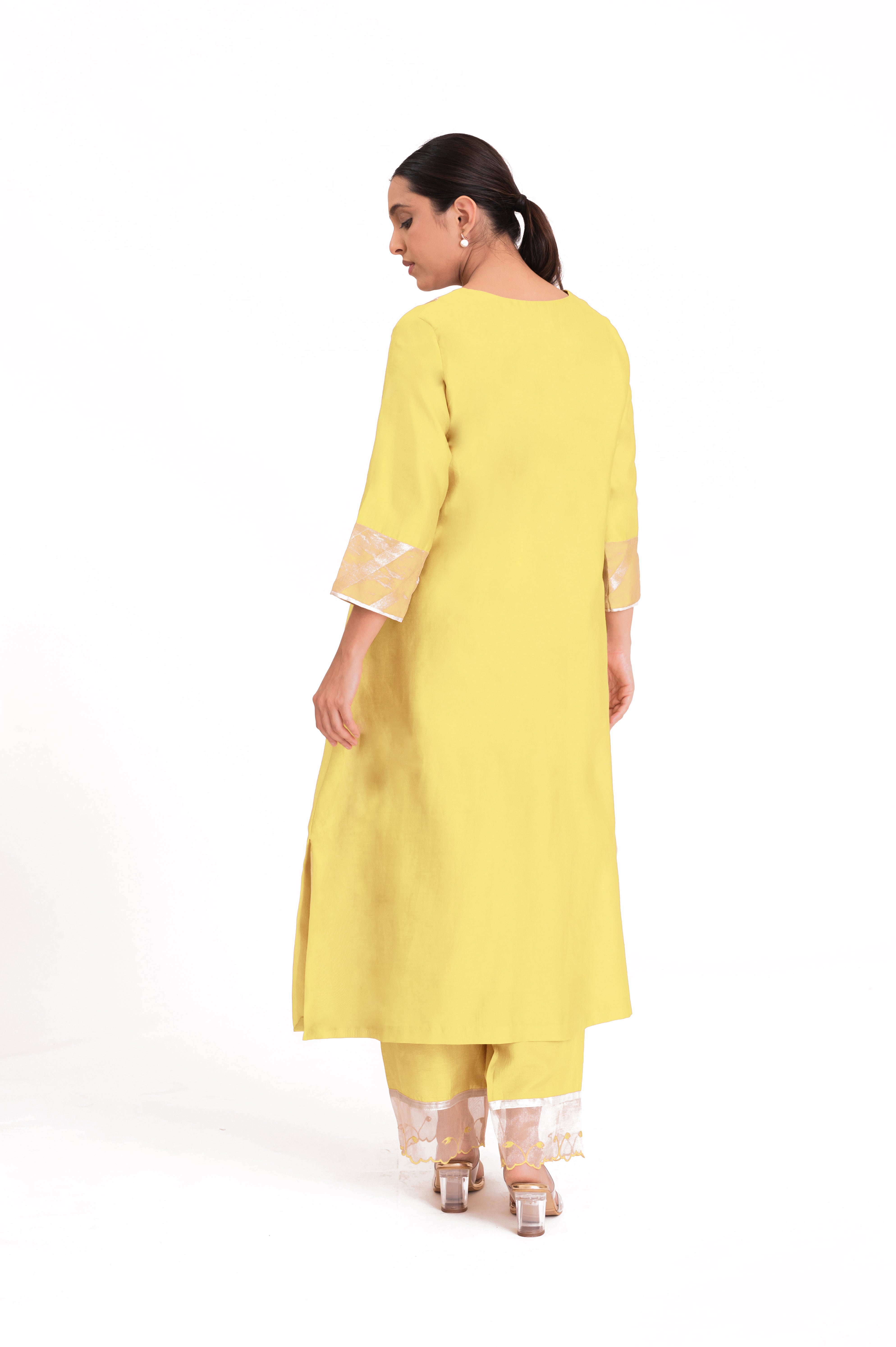 LILA - Pastel Yellow - Banarasi Yoke Kurta Set