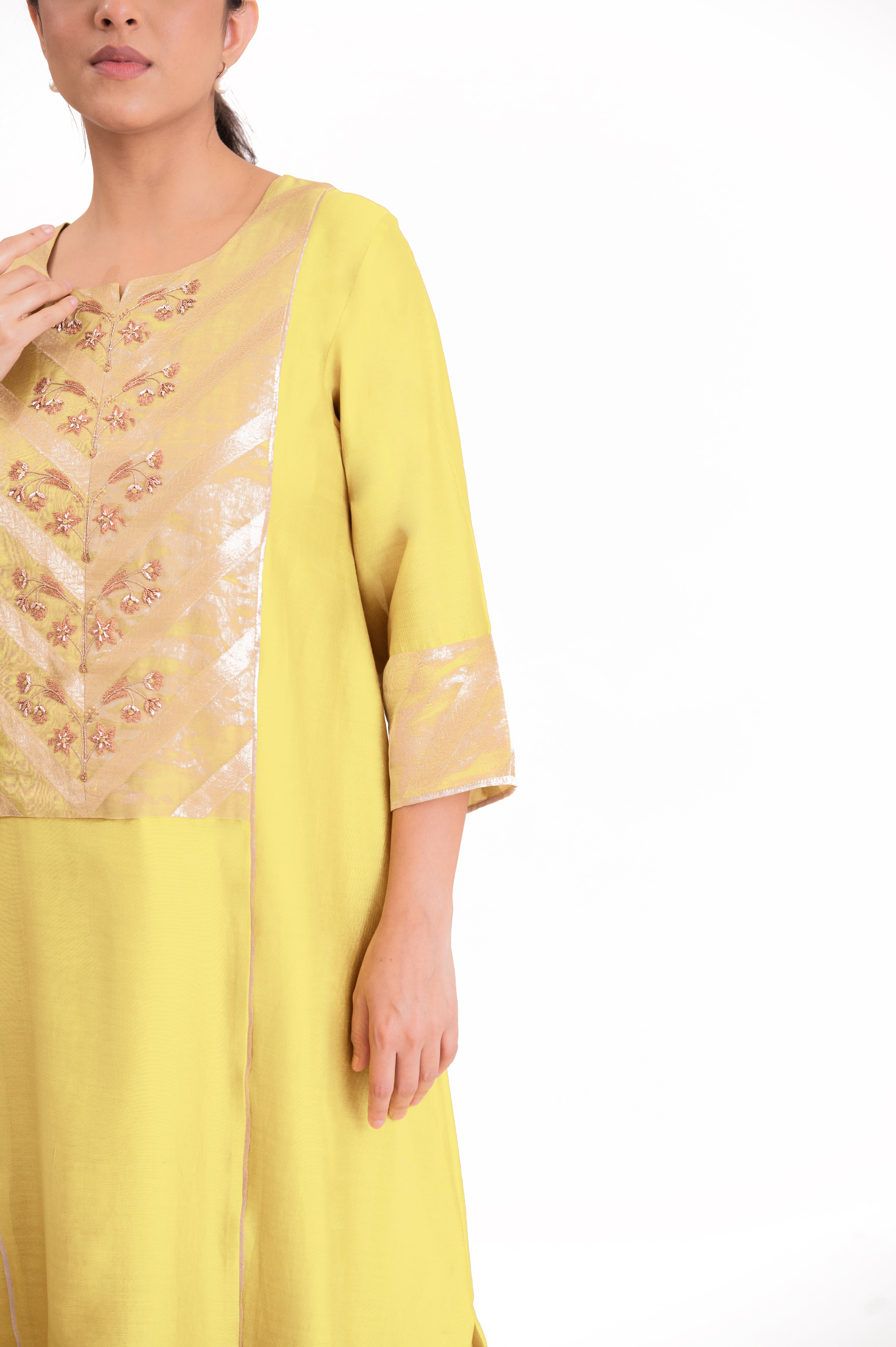 LILA - Pastel Yellow - Banarasi Yoke Kurta Set