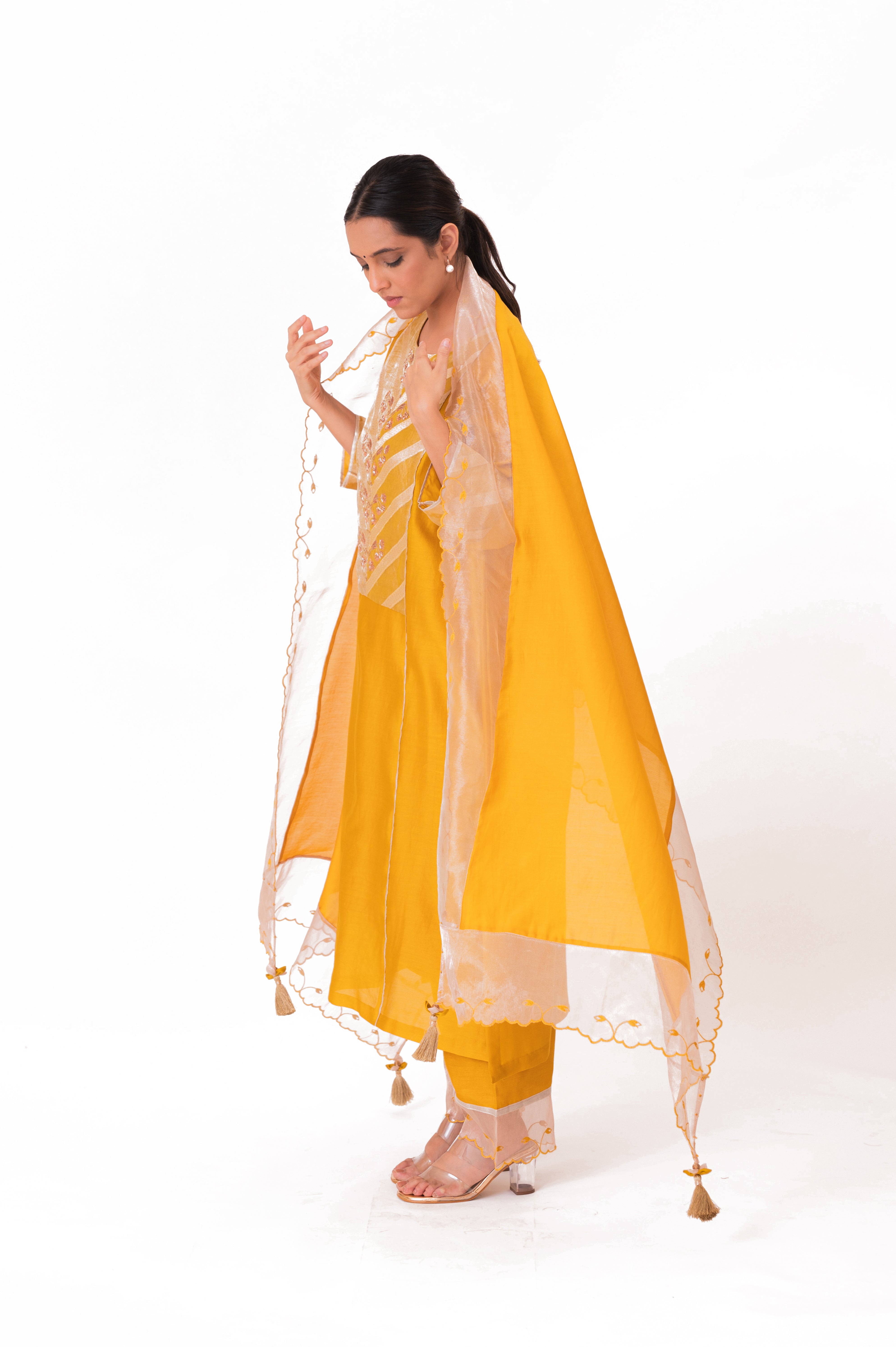 LILA - Golden Yellow - Banarasi Yoke Kurta Set