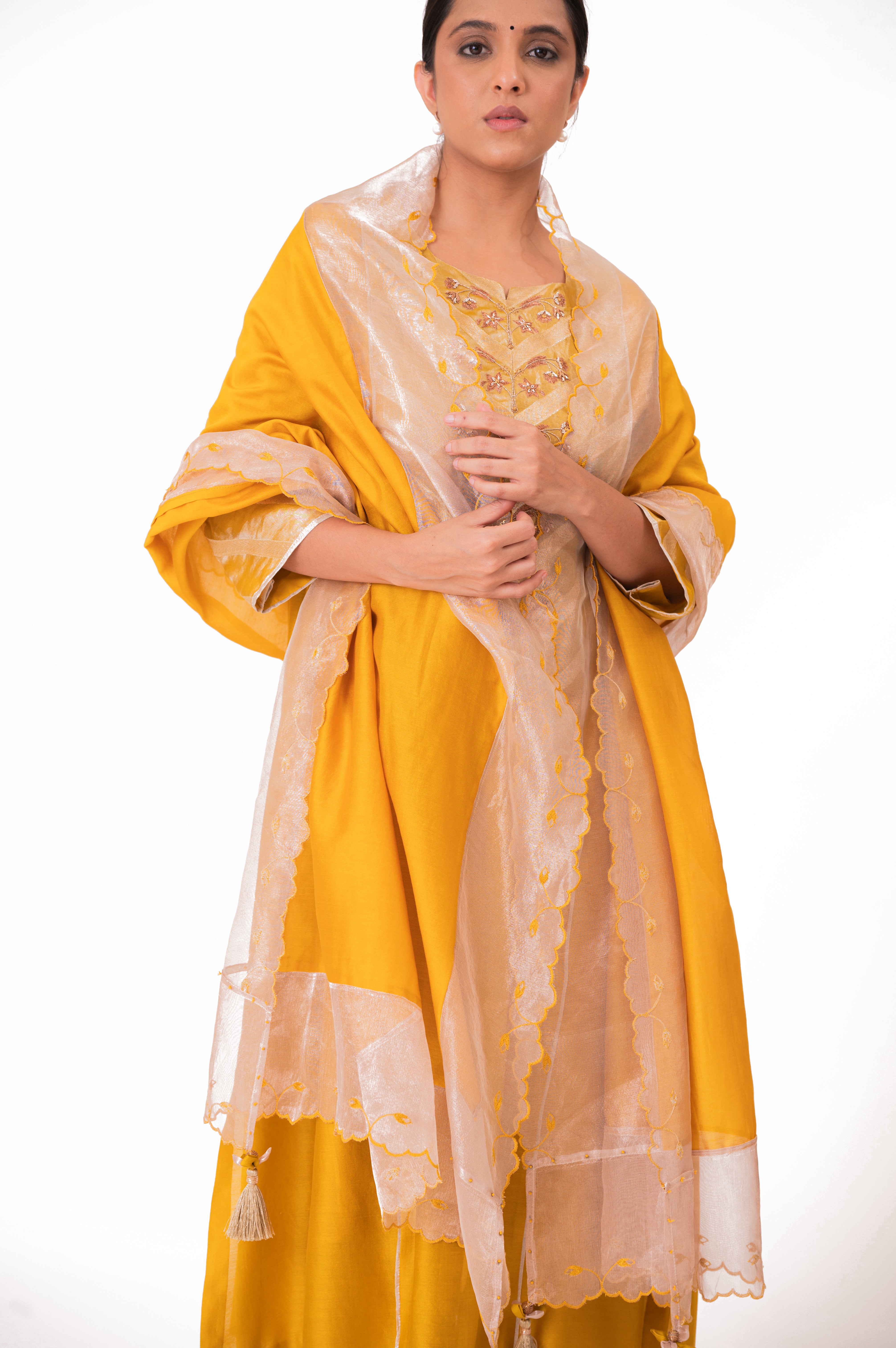 LILA - Golden Yellow - Banarasi Yoke Kurta Set