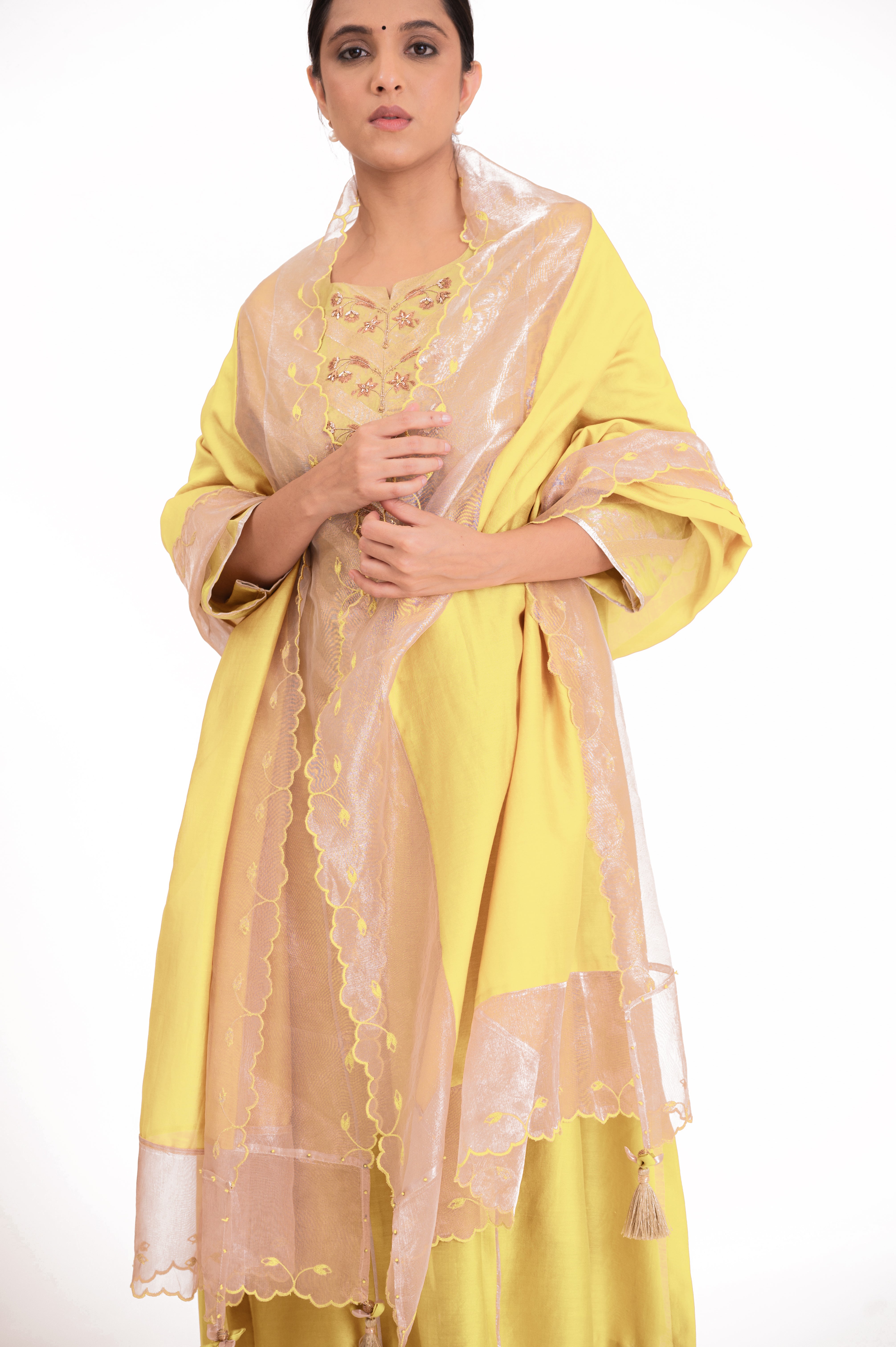 LILA - Pastel Yellow - Banarasi Yoke Kurta Set