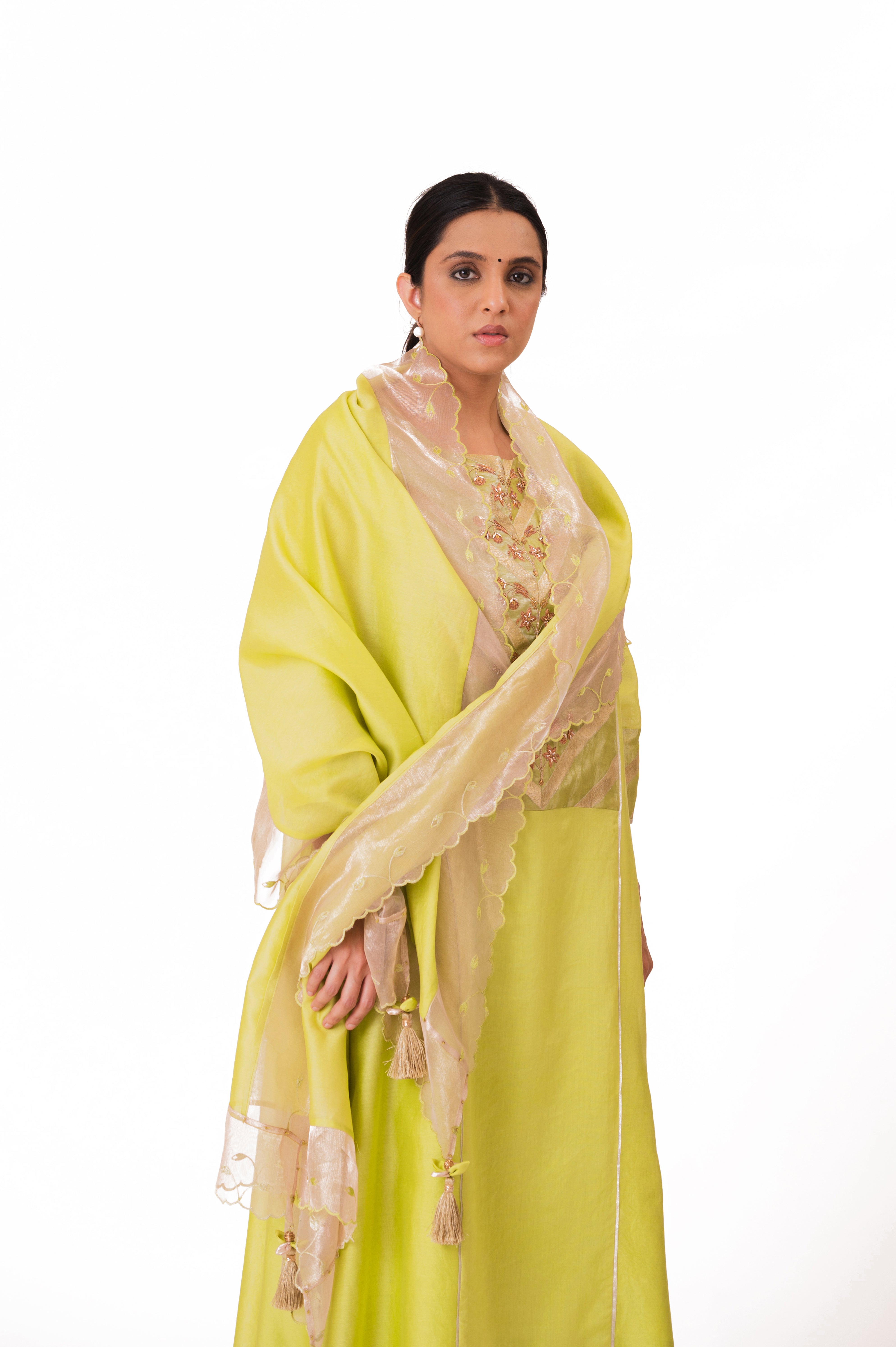 LILA - Lime Green - Banarasi Yoke Kurta Set