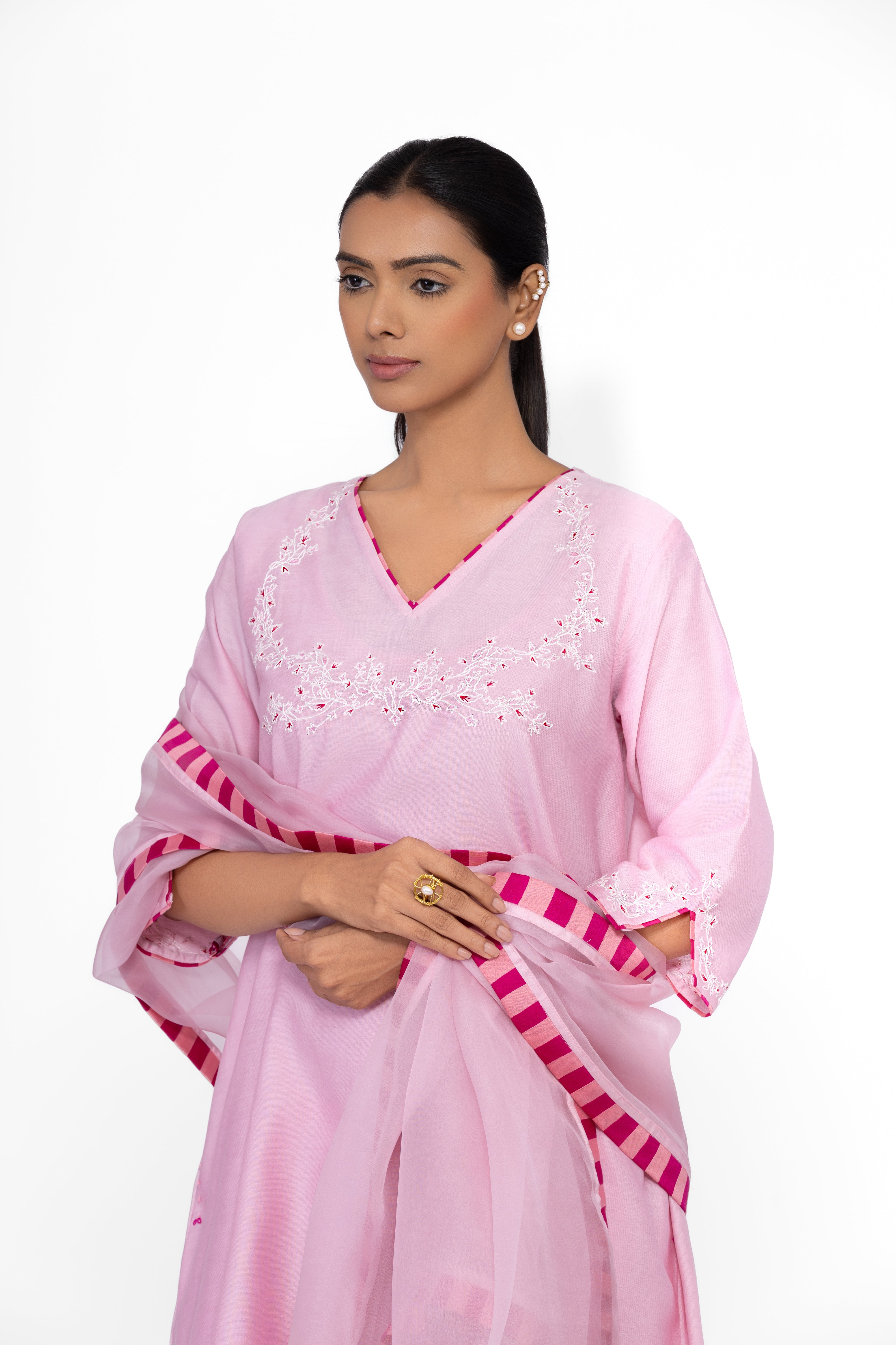 ROSE PETAL - ROUND NECK - CHANDERI SILK  A-LINE KURTA SET