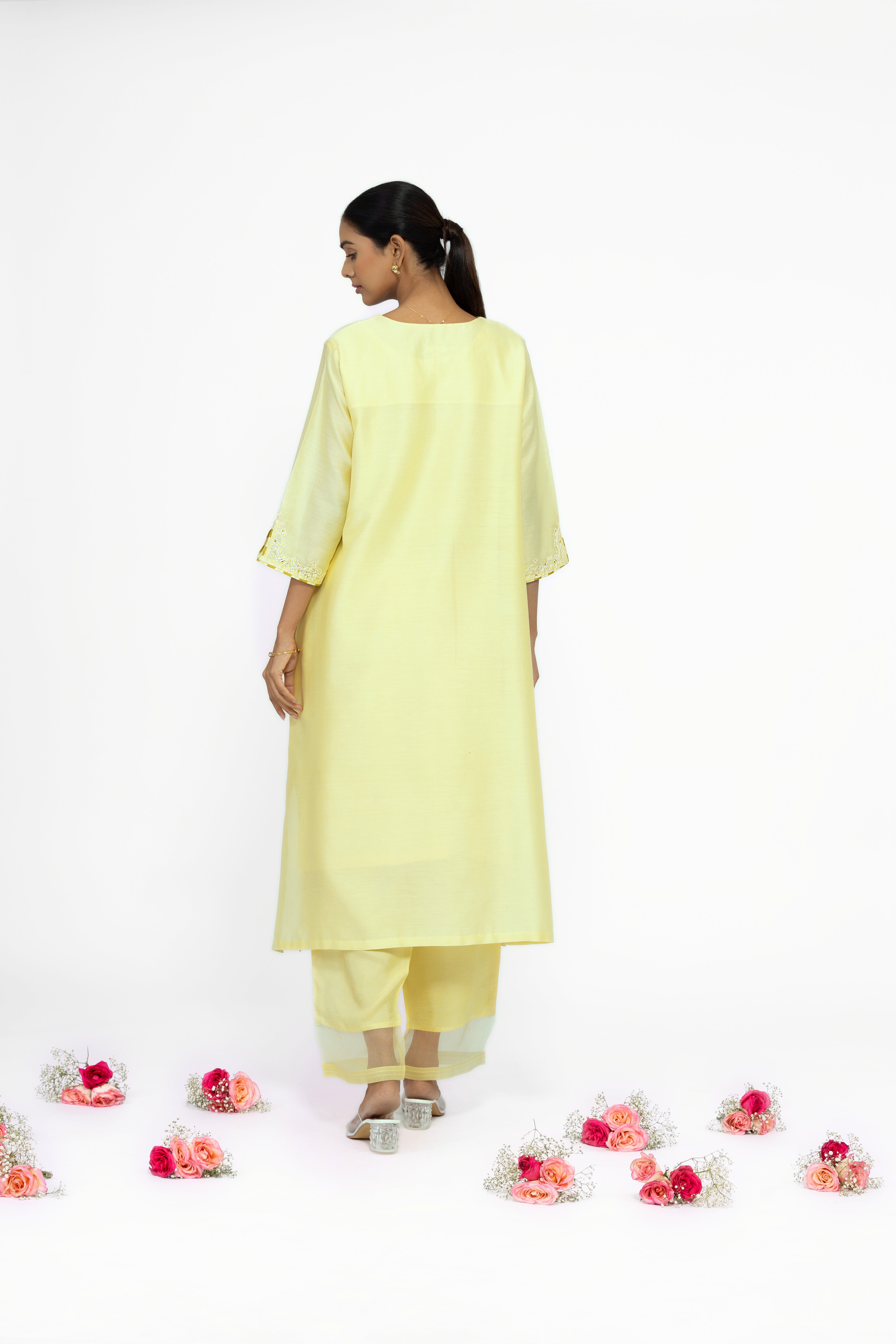 LEMON YELLOW - V NECK - CHANDERI SILK  A-LINE KURTA SET