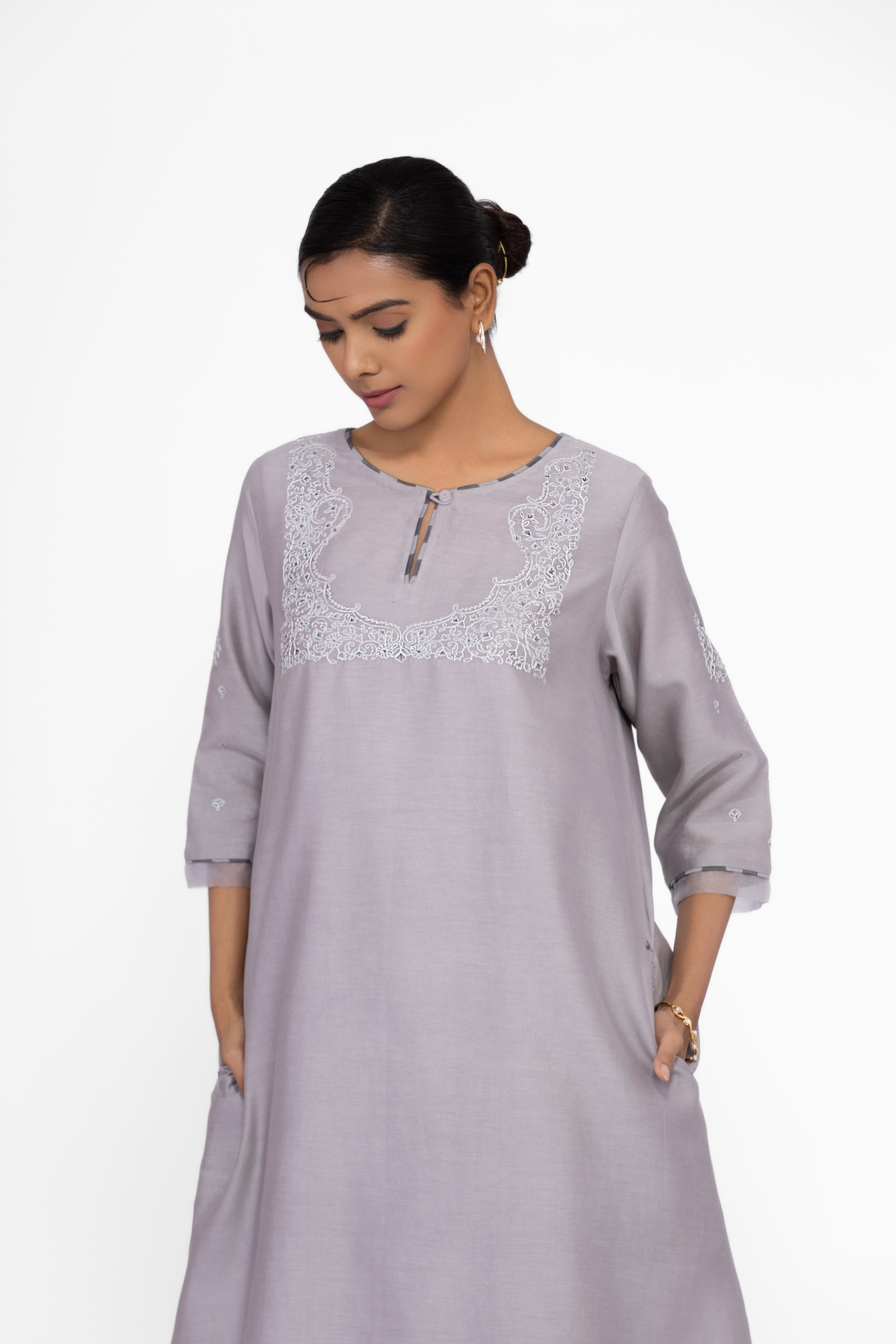 SILVER GREY - ROUND NECK - CHANDERI SILK  A-LINE KURTA SET