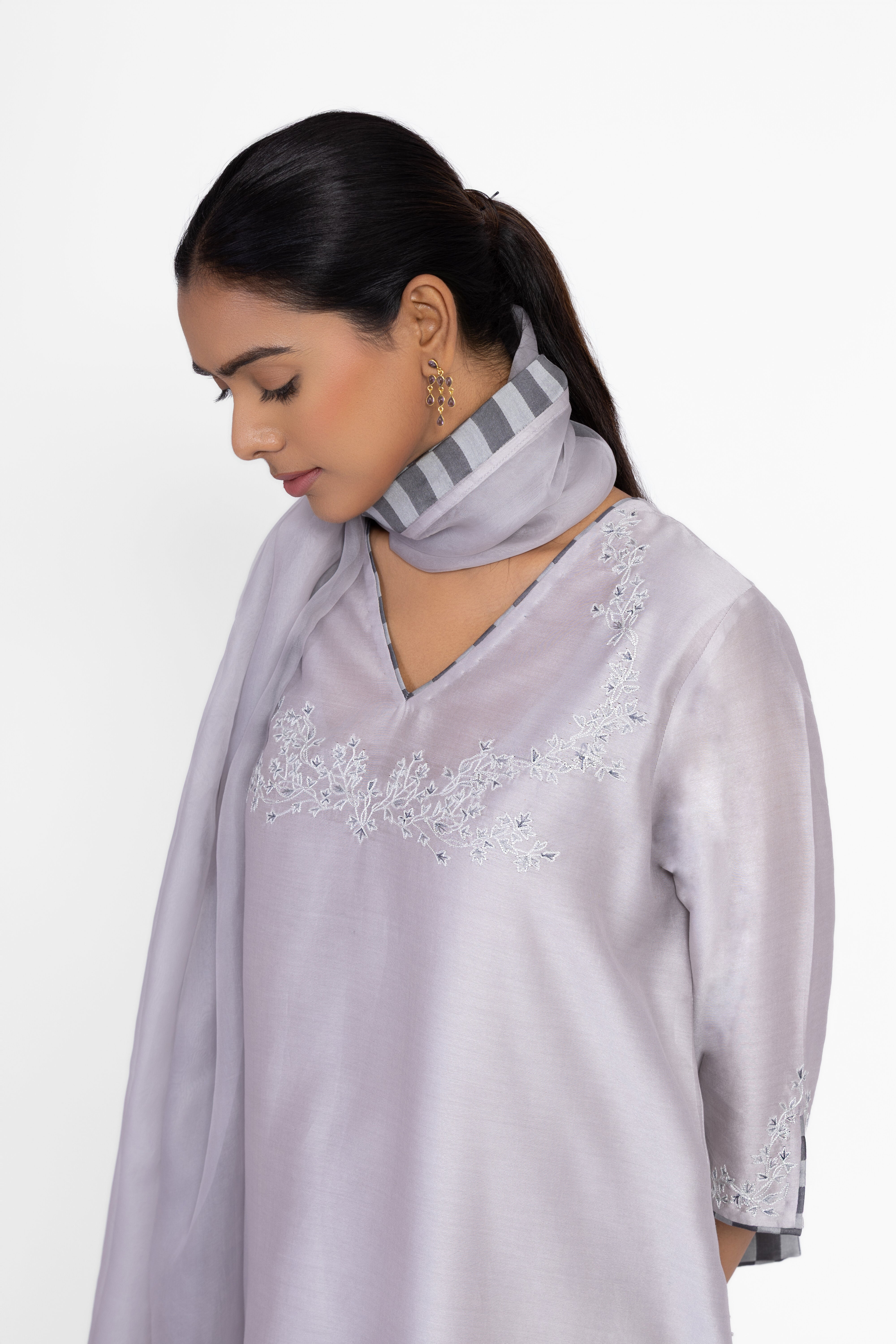 SILVER GREY - V NECK - CHANDERI SILK  A-LINE KURTA SET