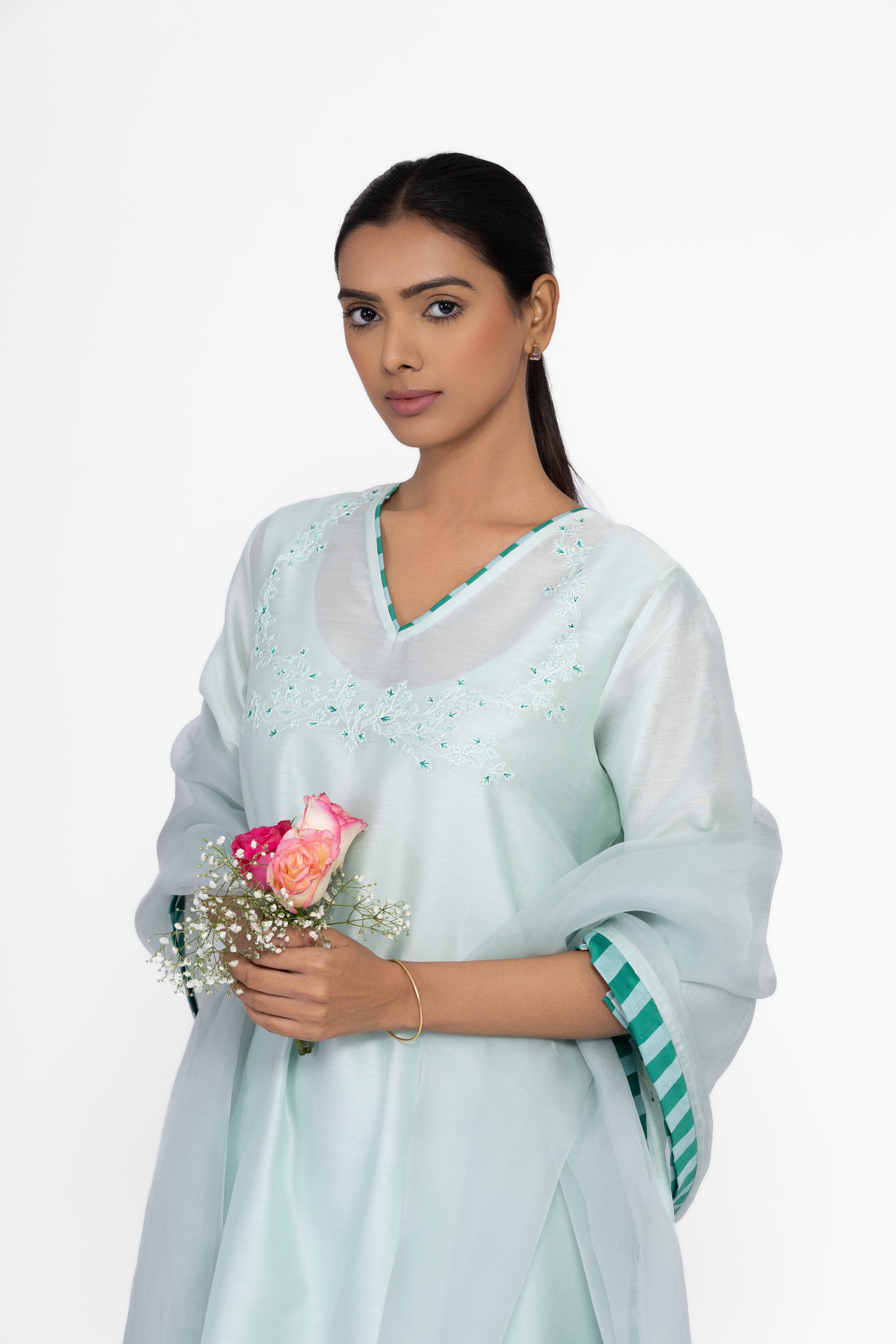 JADE GREEN - V NECK - CHANDERI SILK  A-LINE KURTA SET