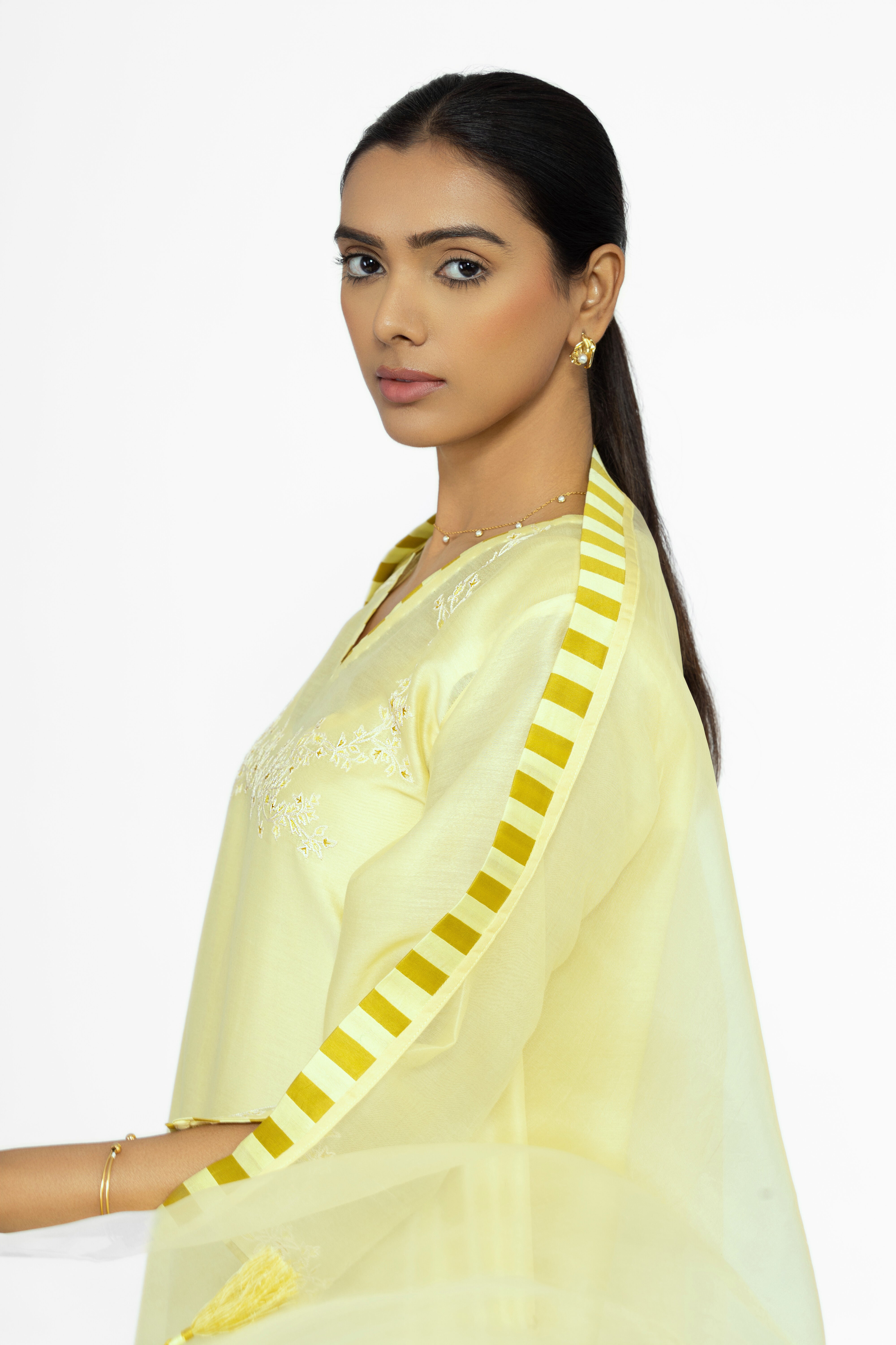 LEMON YELLOW - V NECK - CHANDERI SILK  A-LINE KURTA SET