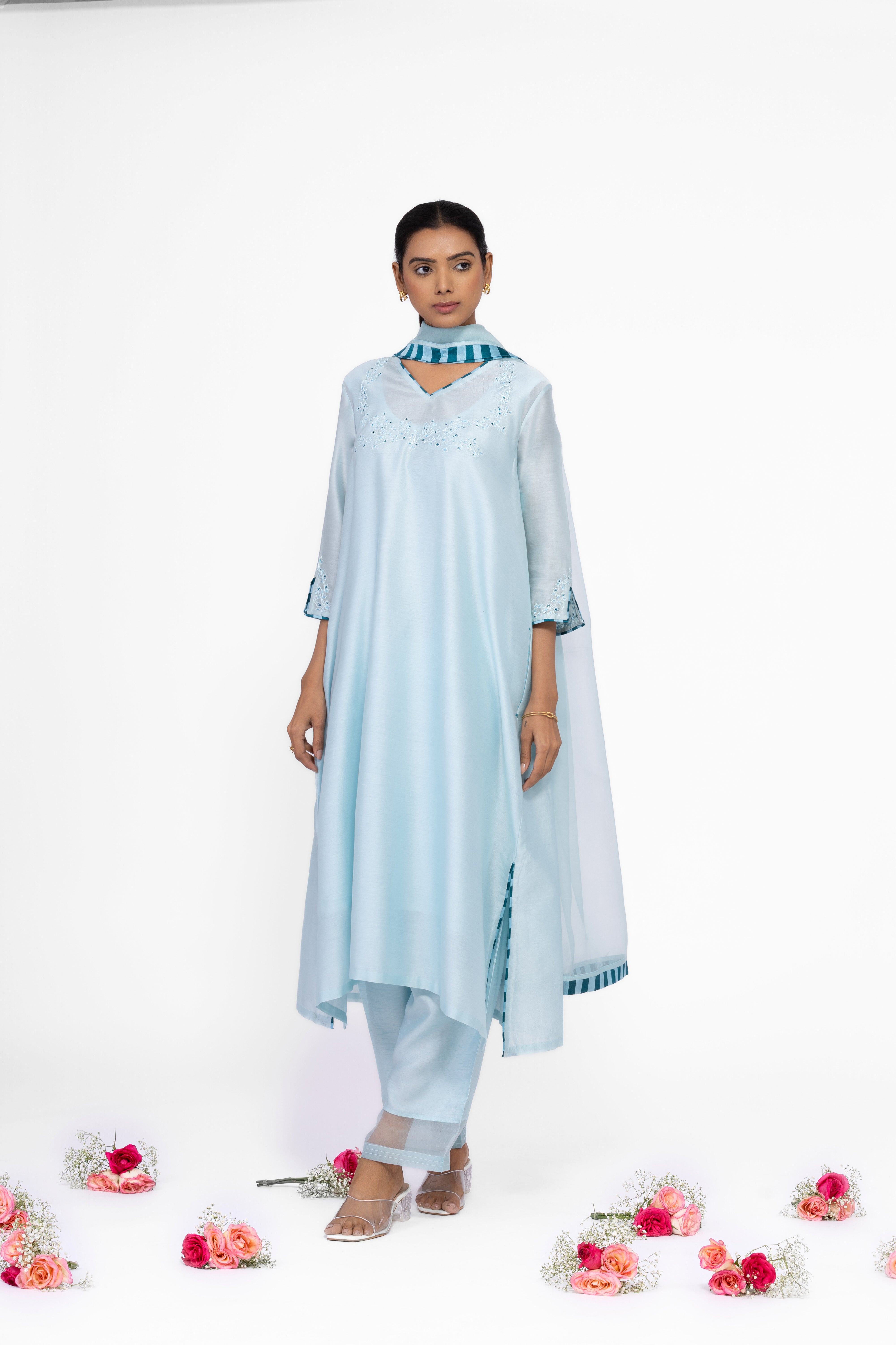 ICE BLUE - V NECK - CHANDERI SILK  A-LINE KURTA SET