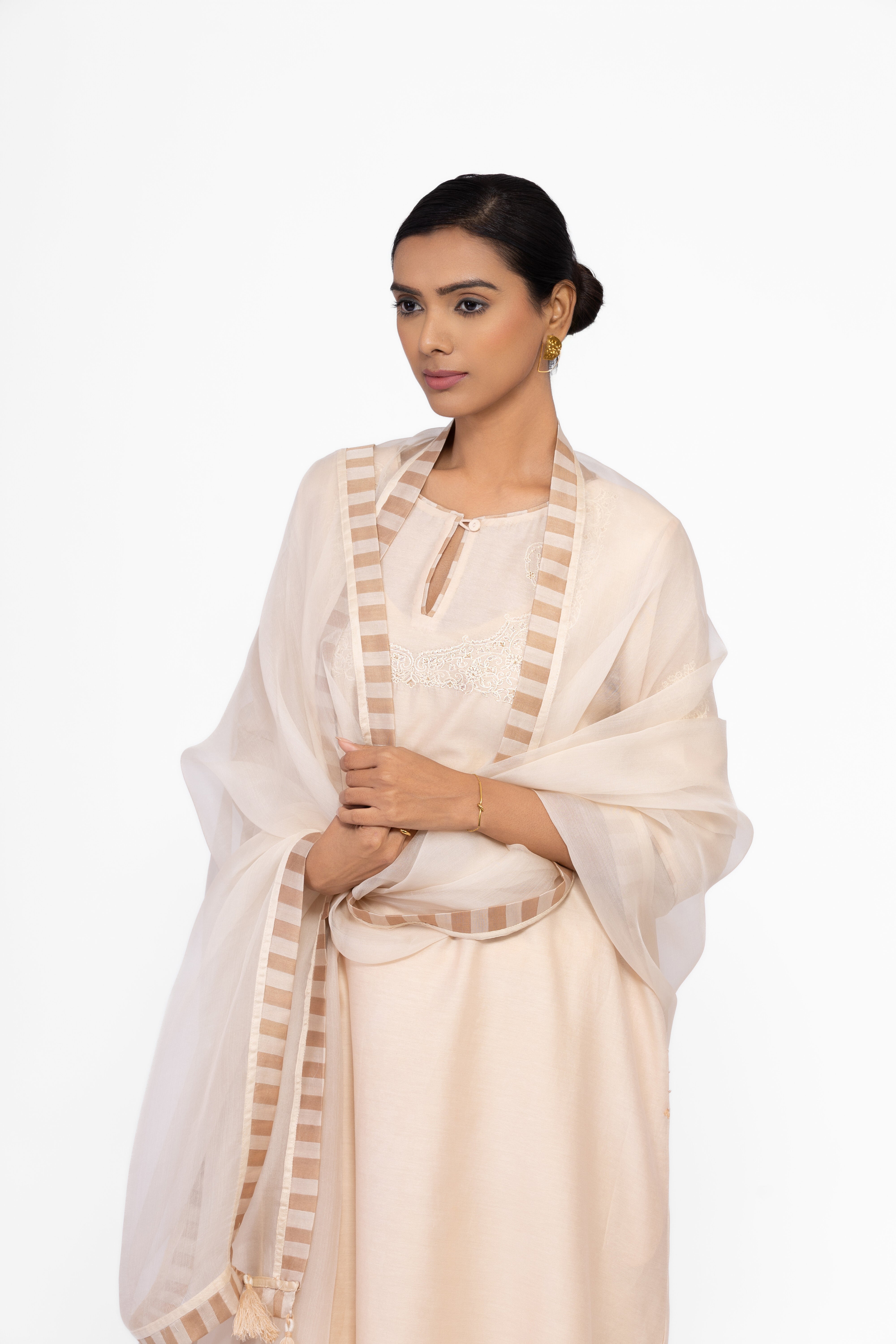 SOFT BEIGE - ROUND NECK - CHANDERI SILK  A-LINE KURTA SET