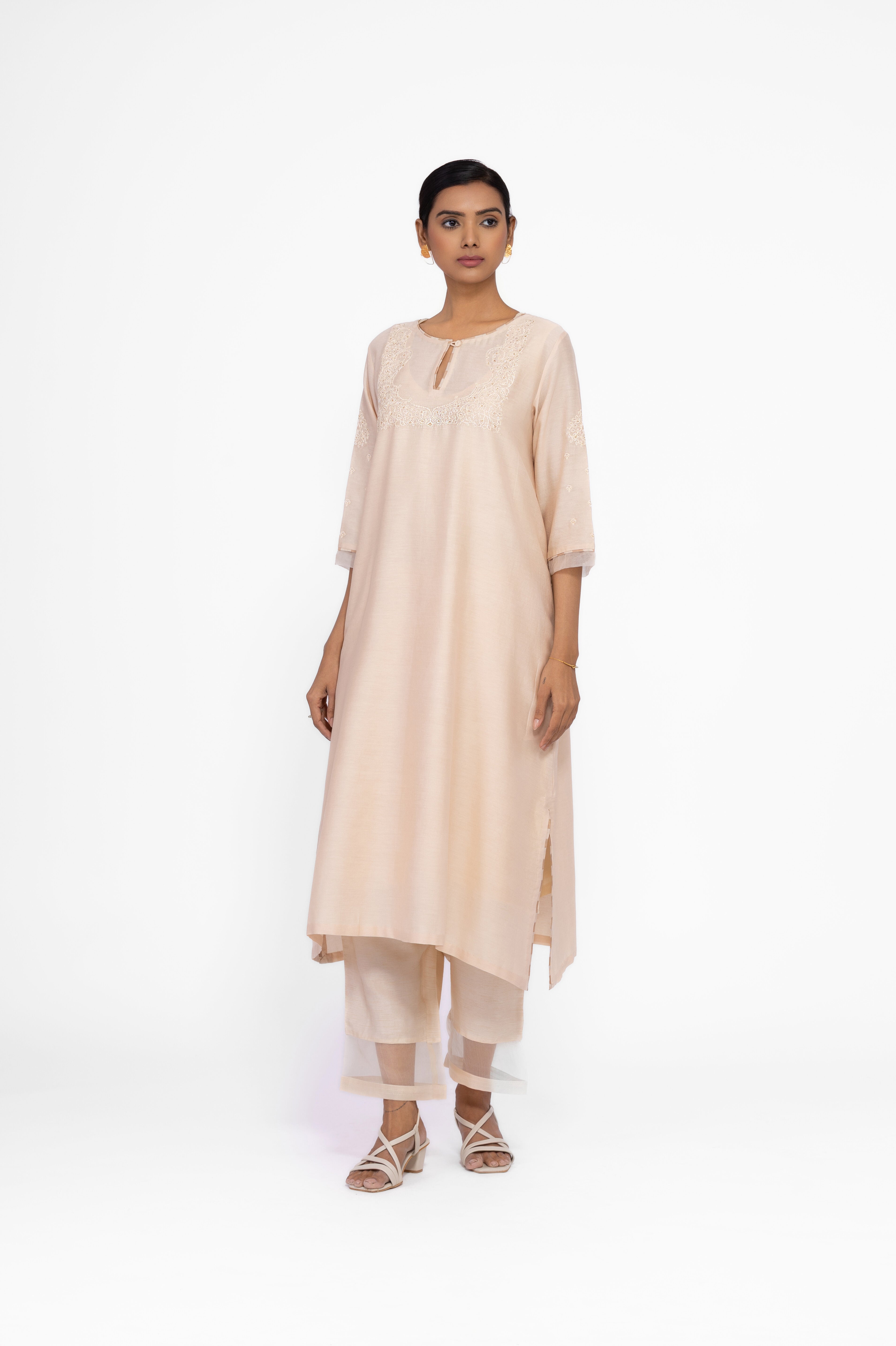 SOFT BEIGE - ROUND NECK - CHANDERI SILK  A-LINE KURTA SET