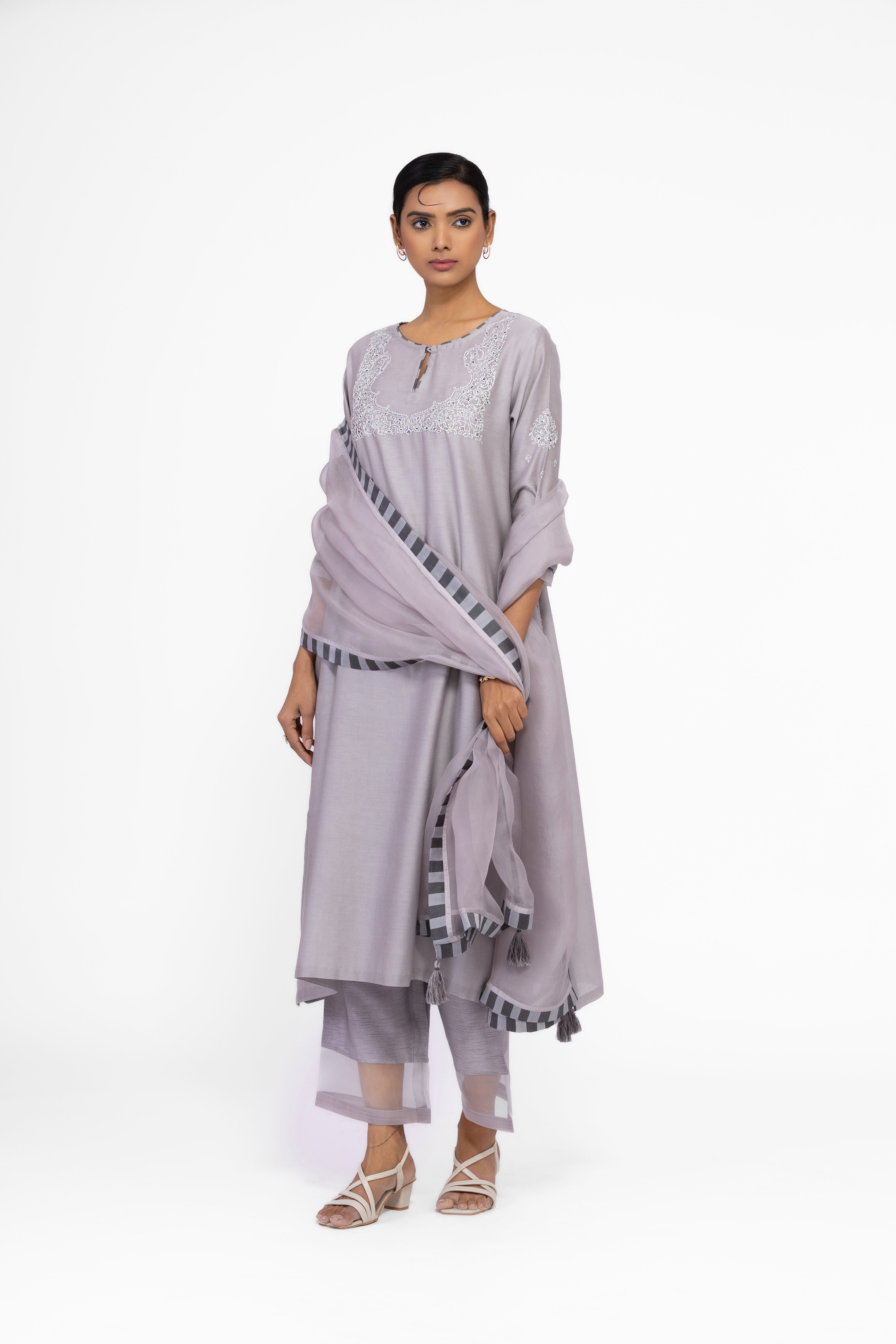 SILVER GREY - ROUND NECK - CHANDERI SILK  A-LINE KURTA SET