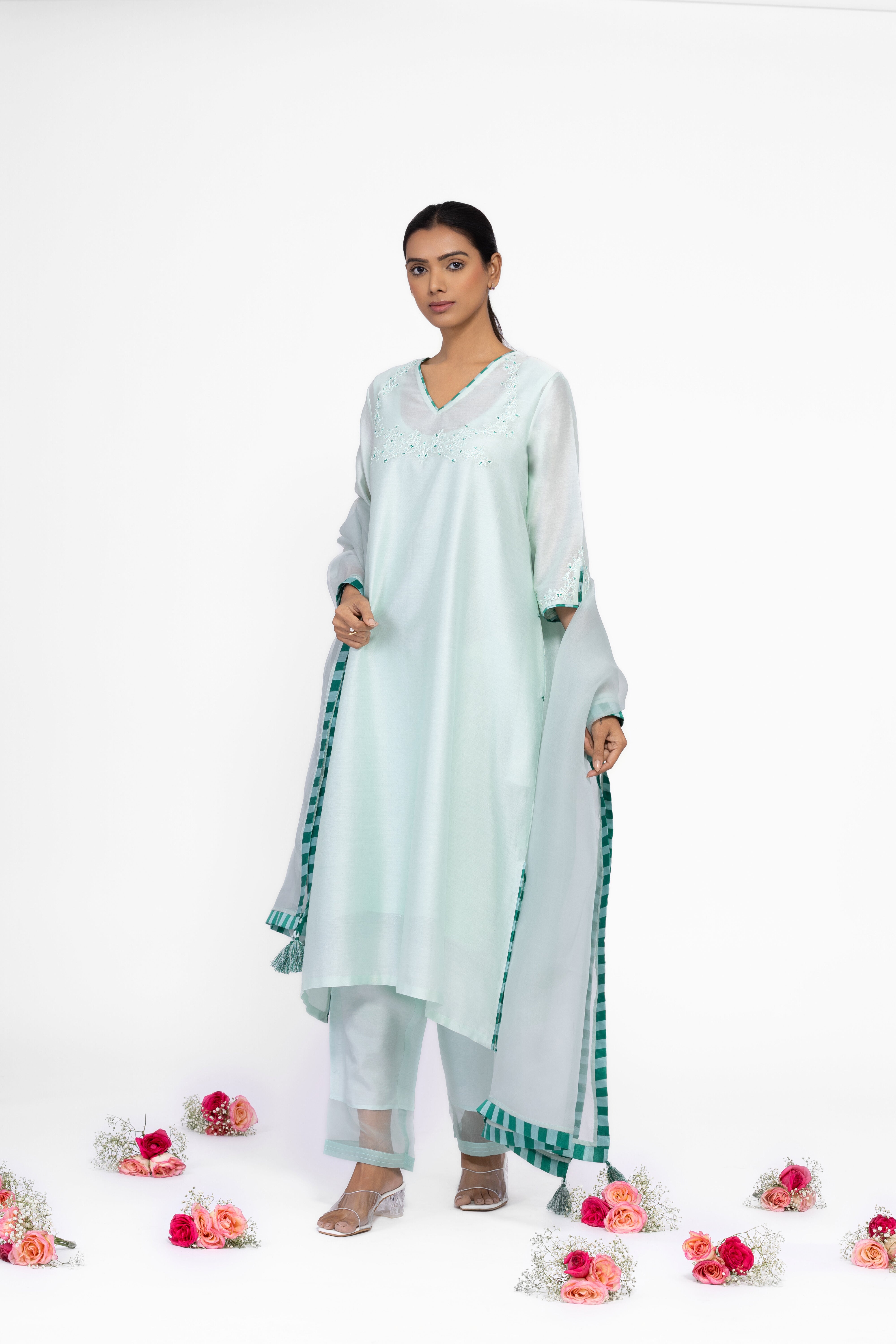 JADE GREEN - V NECK - CHANDERI SILK  A-LINE KURTA SET