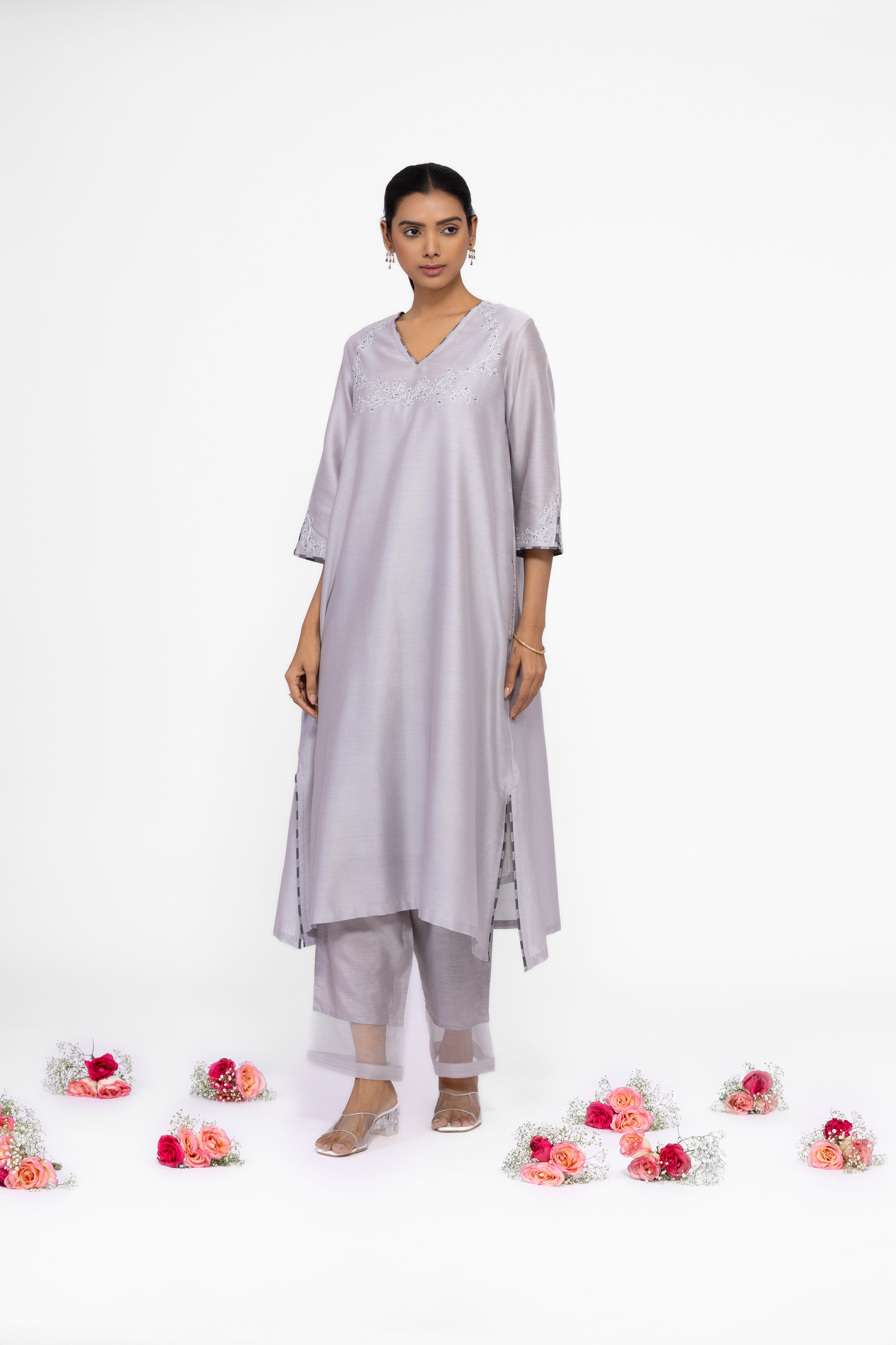 SILVER GREY - V NECK - CHANDERI SILK  A-LINE KURTA SET