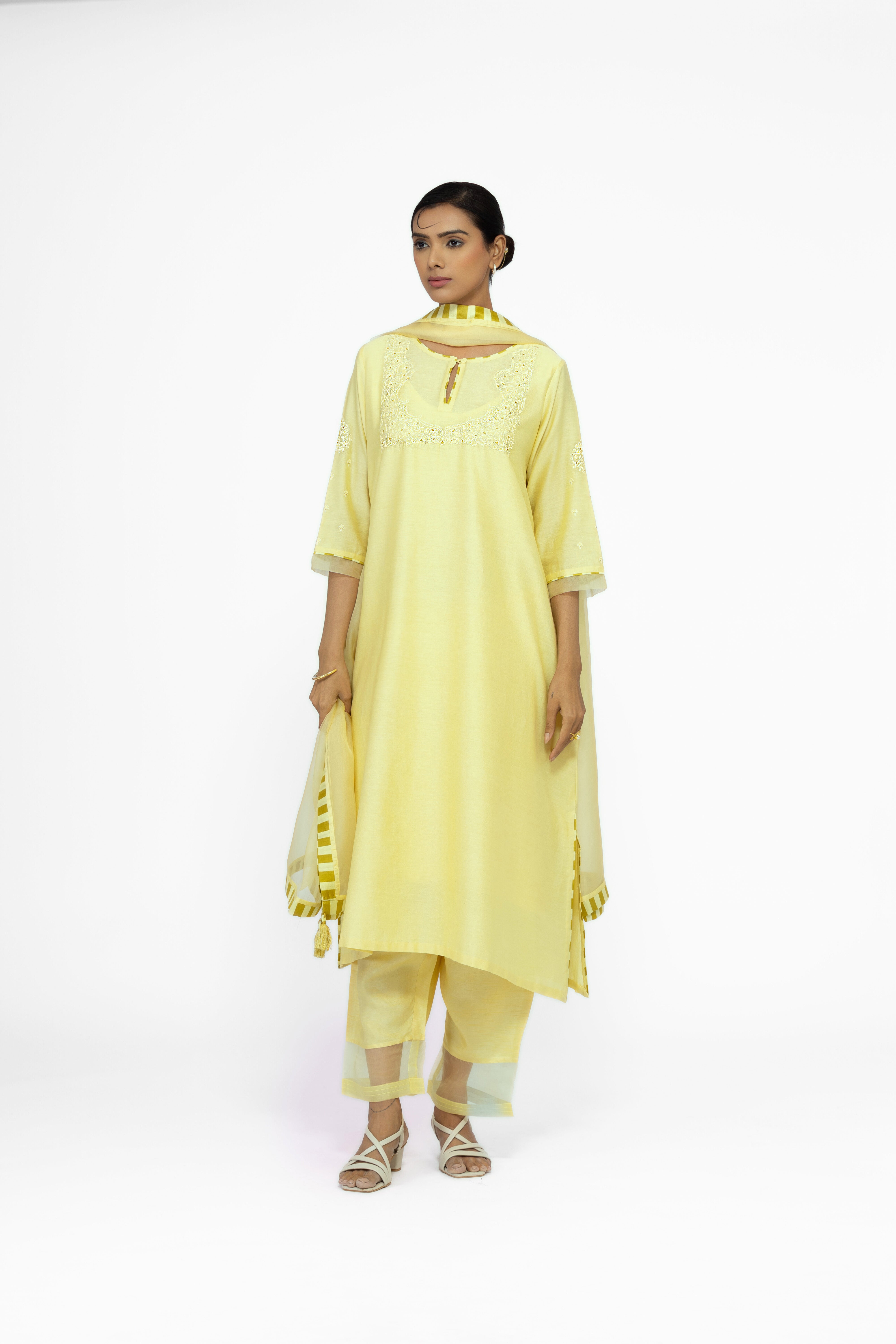 LEMON YELLOW - ROUND NECK - CHANDERI SILK  A-LINE KURTA SET