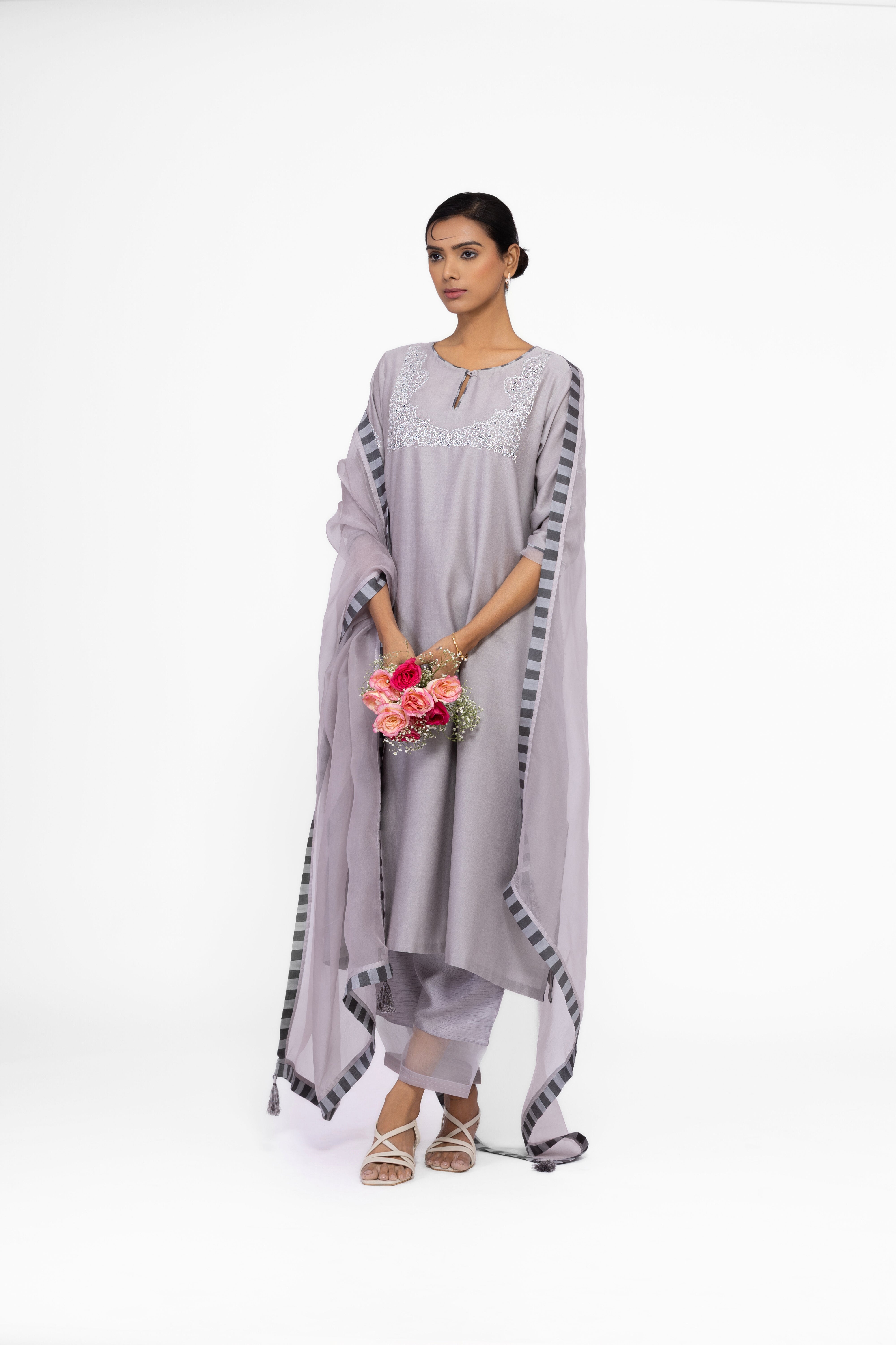 SILVER GREY - ROUND NECK - CHANDERI SILK  A-LINE KURTA SET