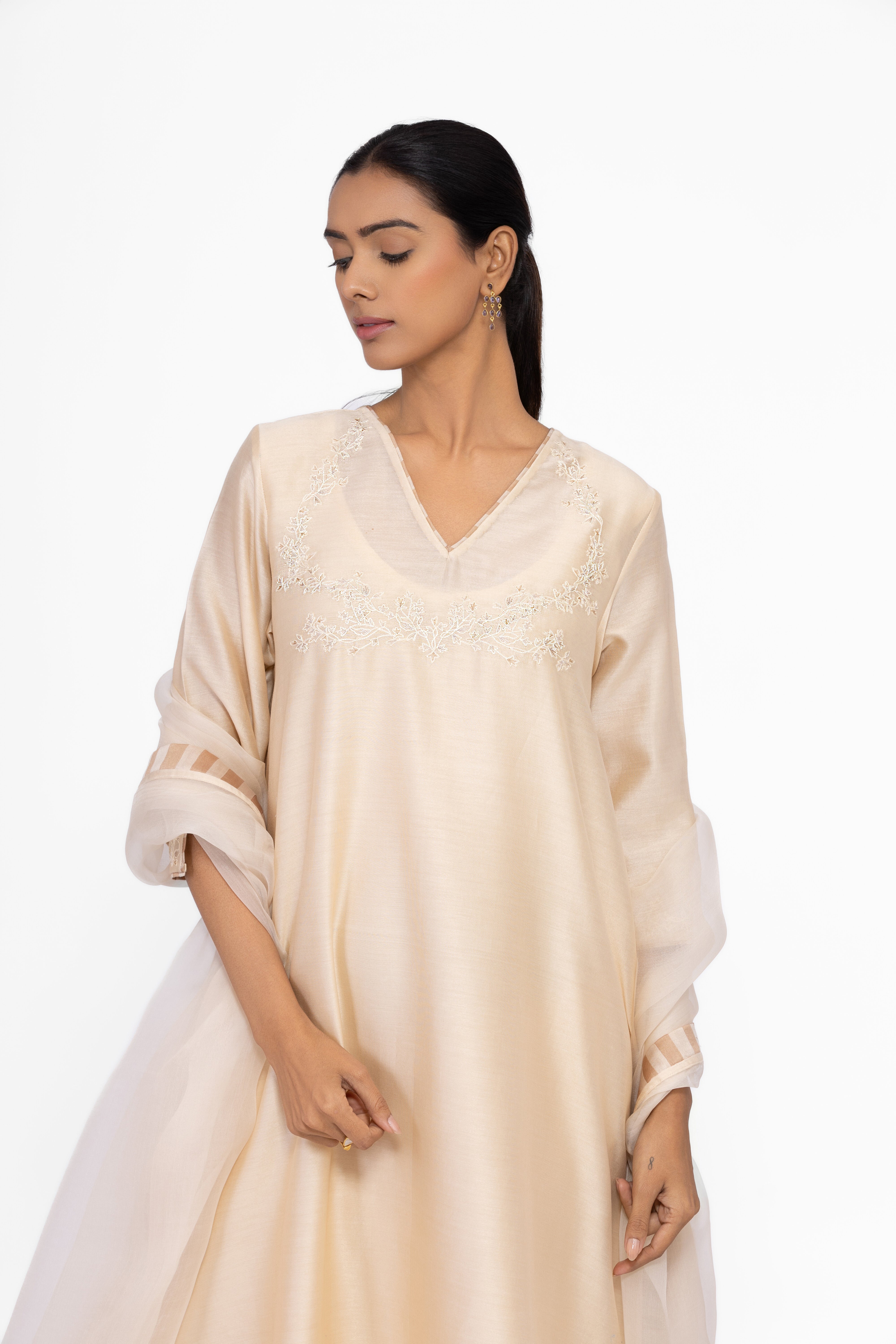 SOFT BEIGE - V NECK - CHANDERI SILK  A-LINE KURTA SET