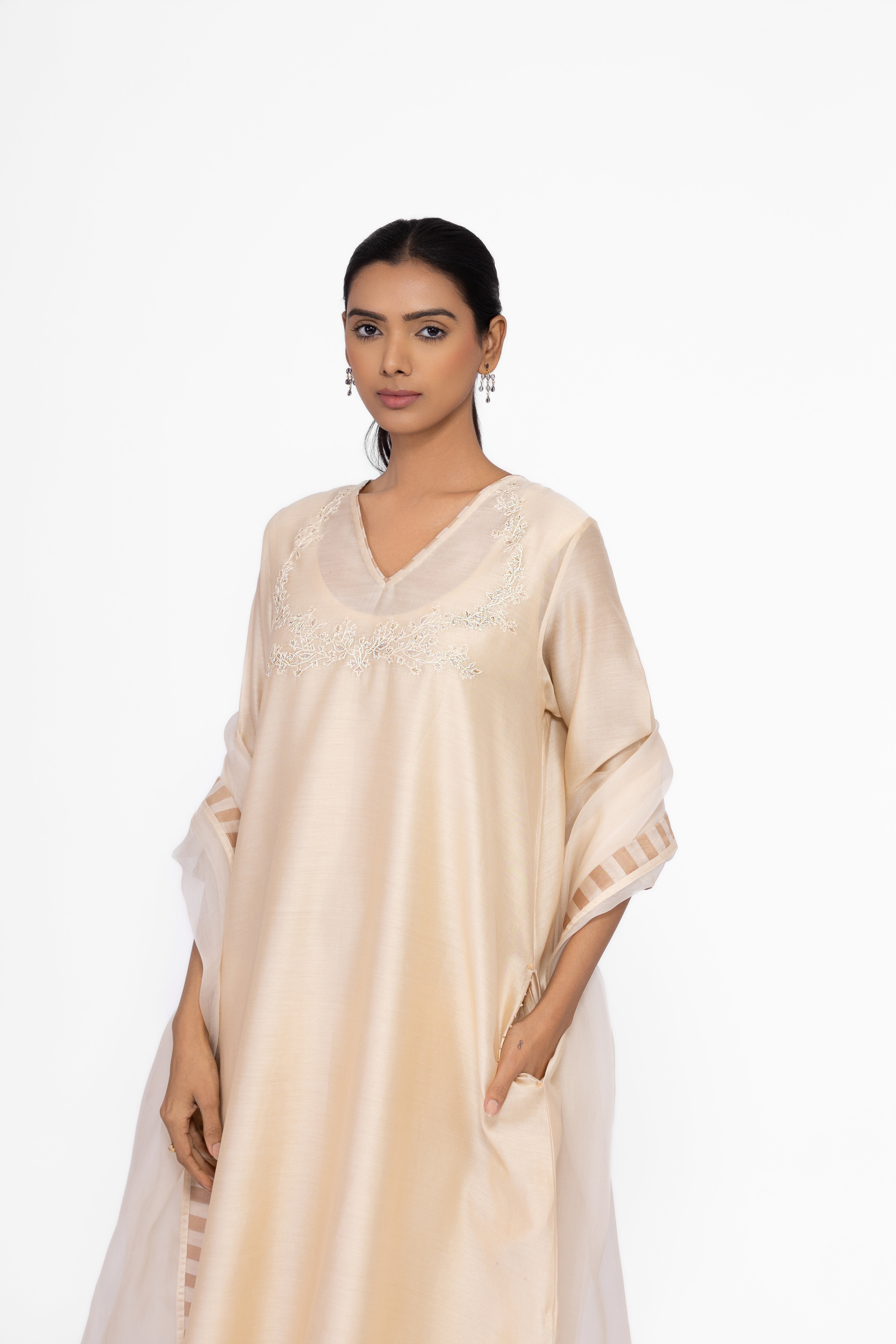 SOFT BEIGE - V NECK - CHANDERI SILK  A-LINE KURTA SET