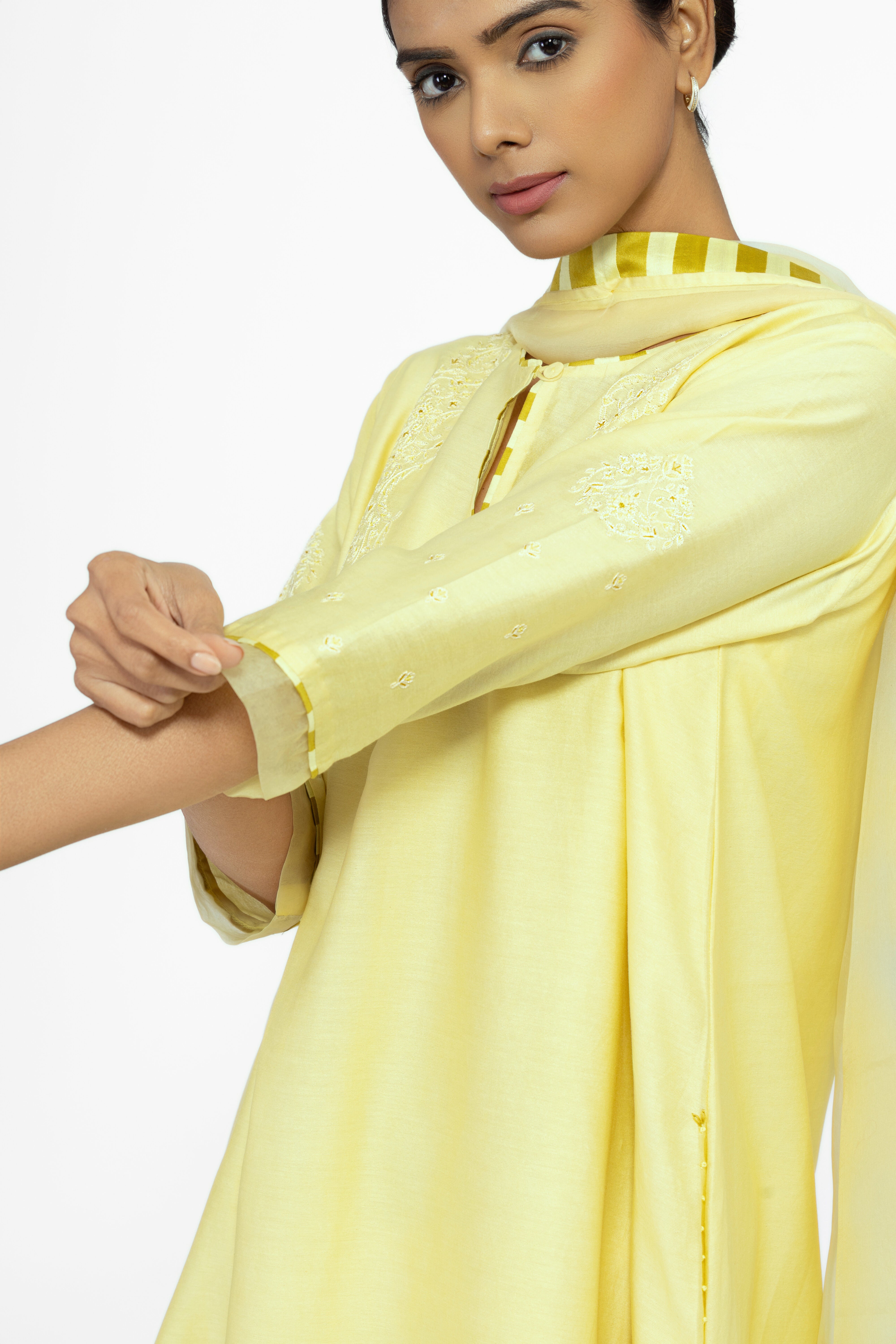 LEMON YELLOW - ROUND NECK - CHANDERI SILK  A-LINE KURTA SET