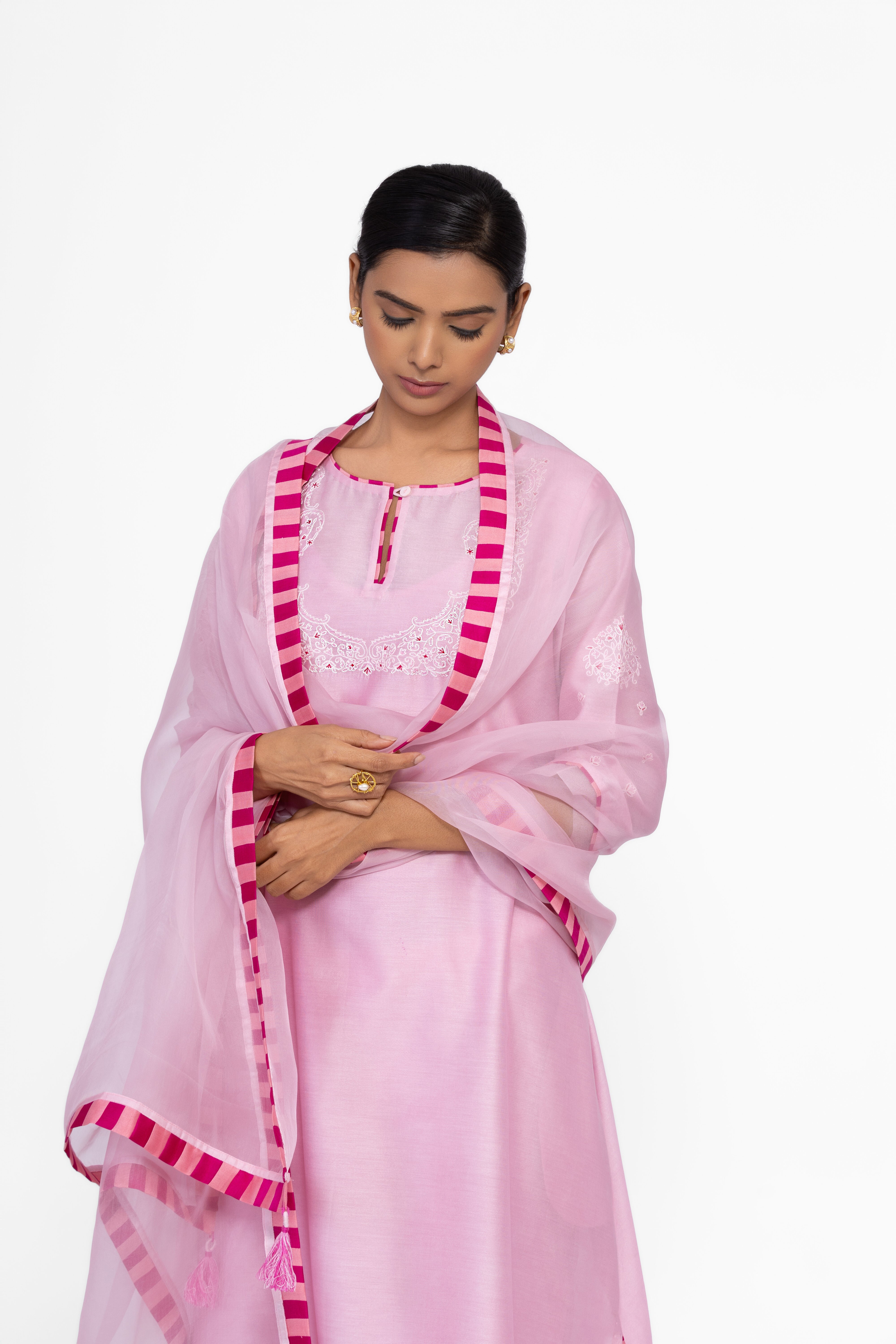 ROSE PETAL - ROUND NECK - CHANDERI SILK  A-LINE KURTA SET