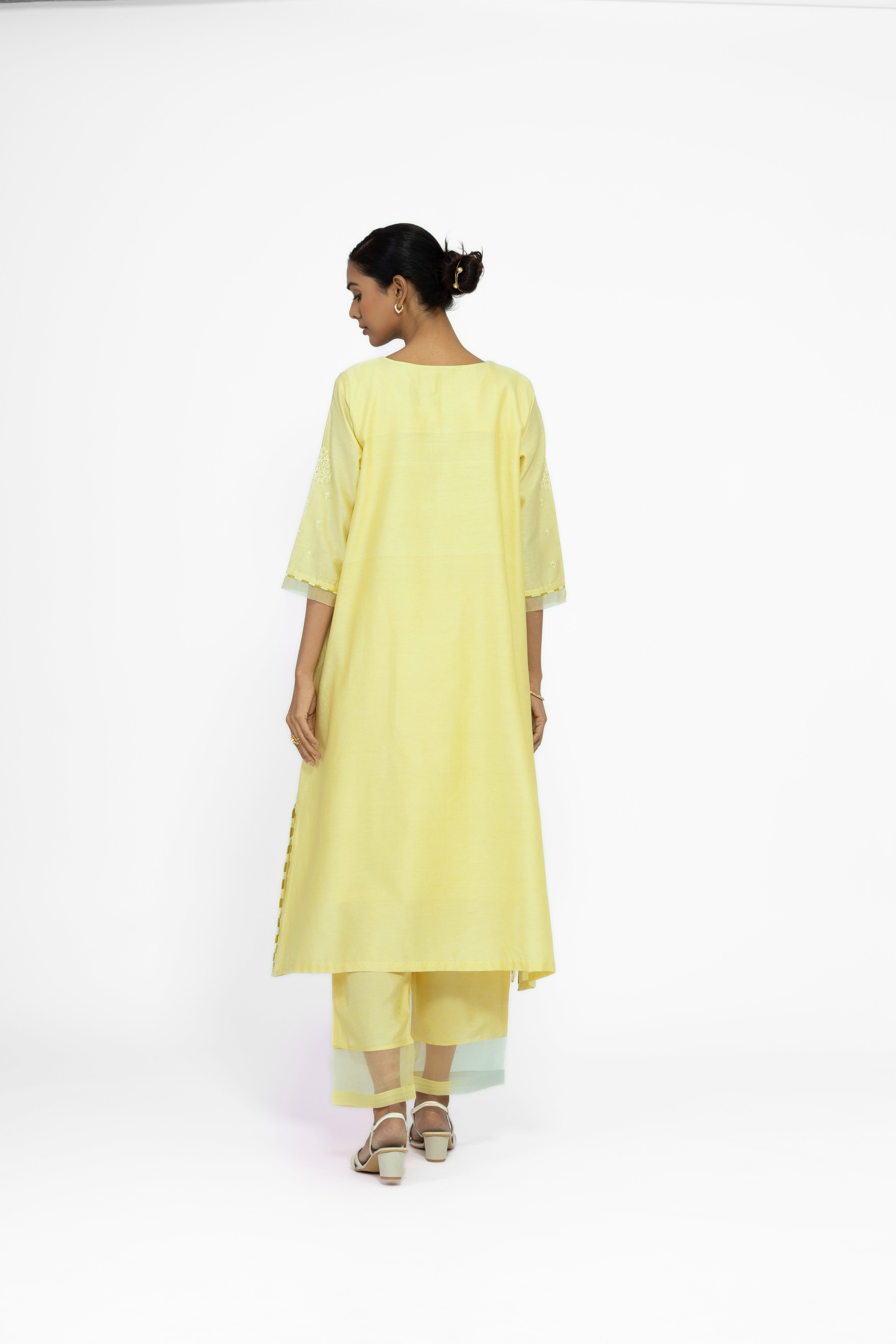 LEMON YELLOW - ROUND NECK - CHANDERI SILK  A-LINE KURTA SET