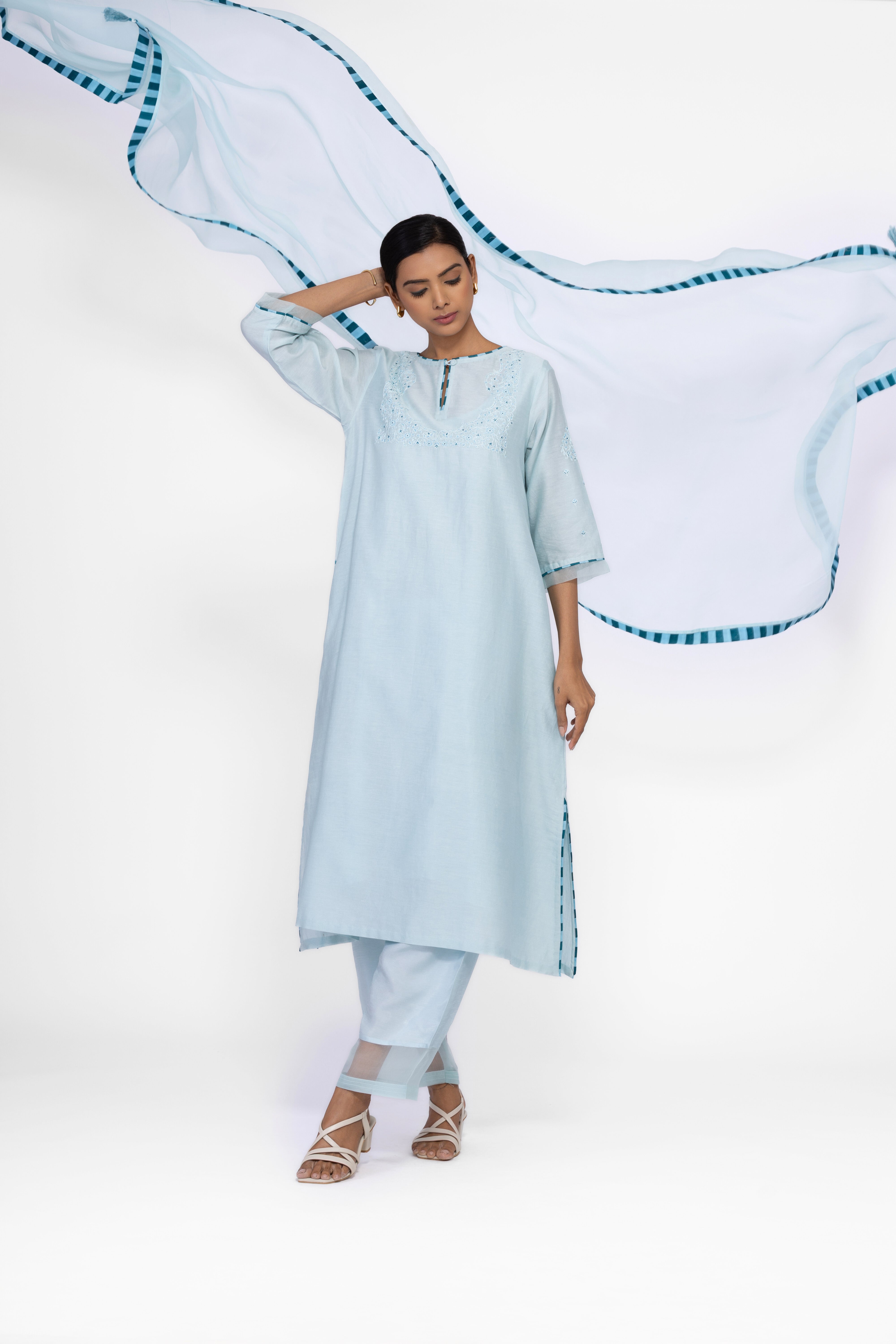 ICE BLUE - ROUND NECK - CHANDERI SILK  A-LINE KURTA SET